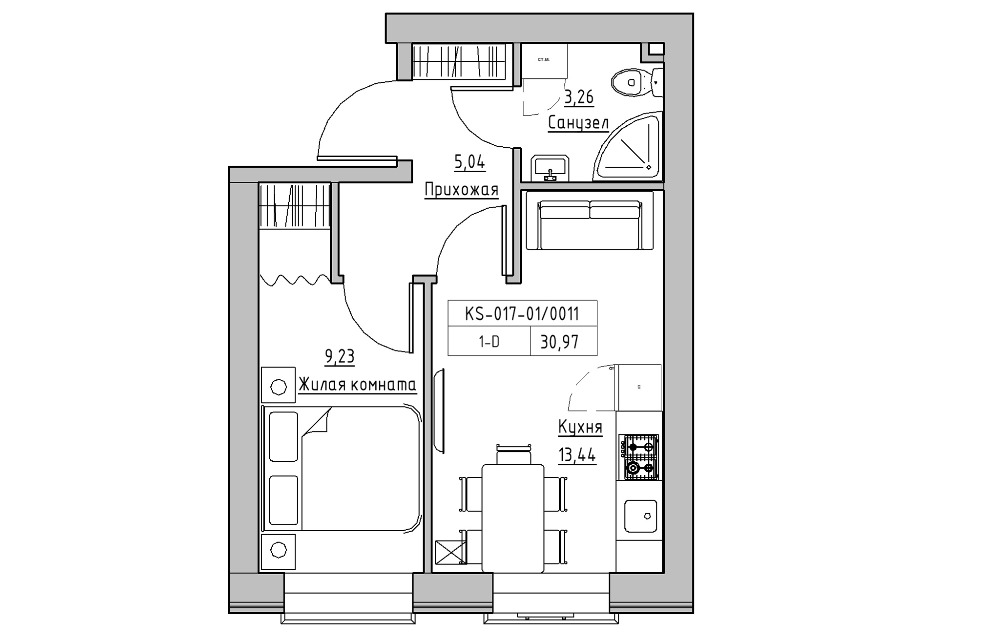 Планировка 1-к квартира площей 30.97м2, KS-017-01/0011.