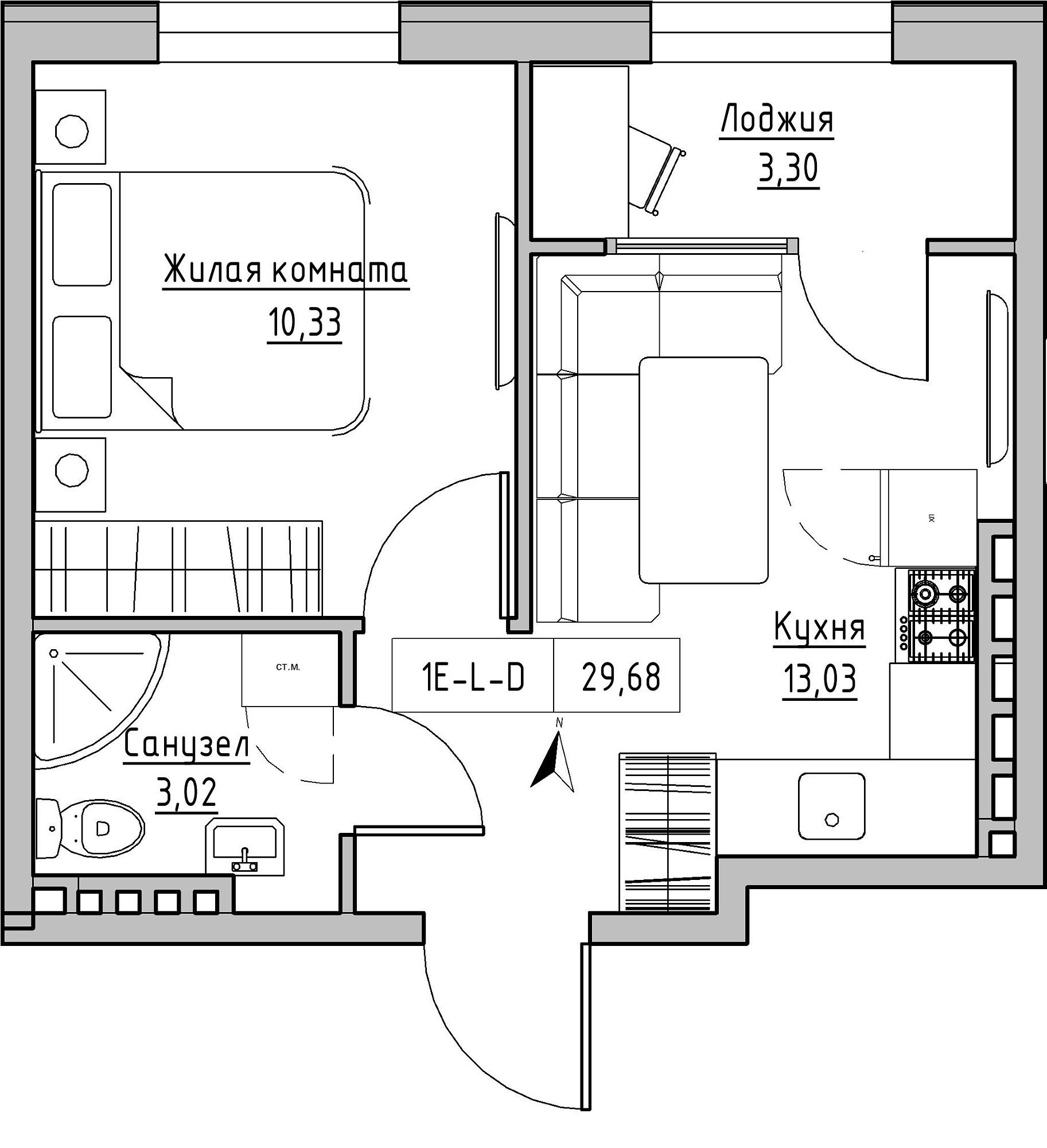 Планування 1-к квартира площею 29.68м2, KS-024-05/0001.