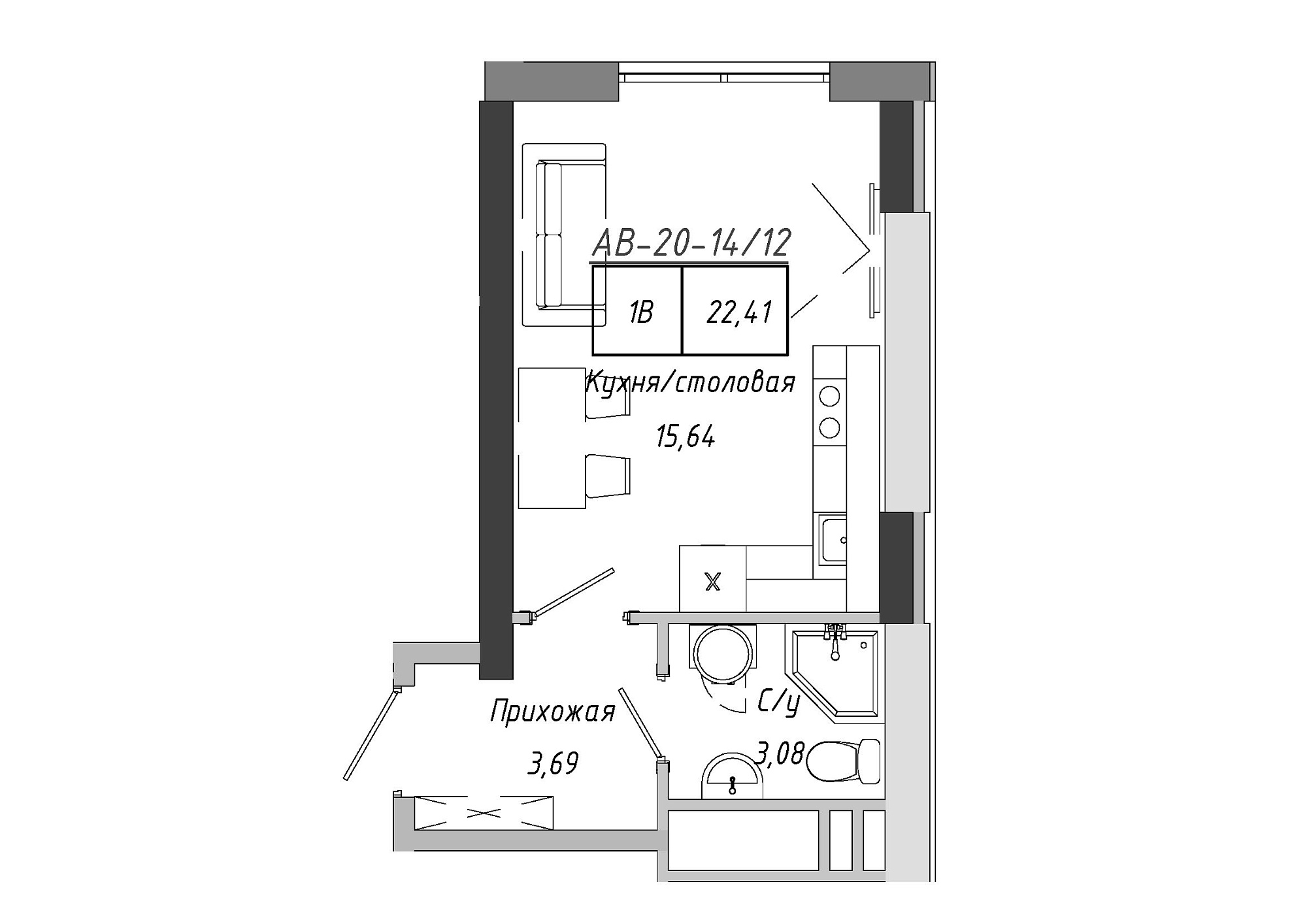 Планировка Smart-квартира площей 22.41м2, AB-20-14/00112.