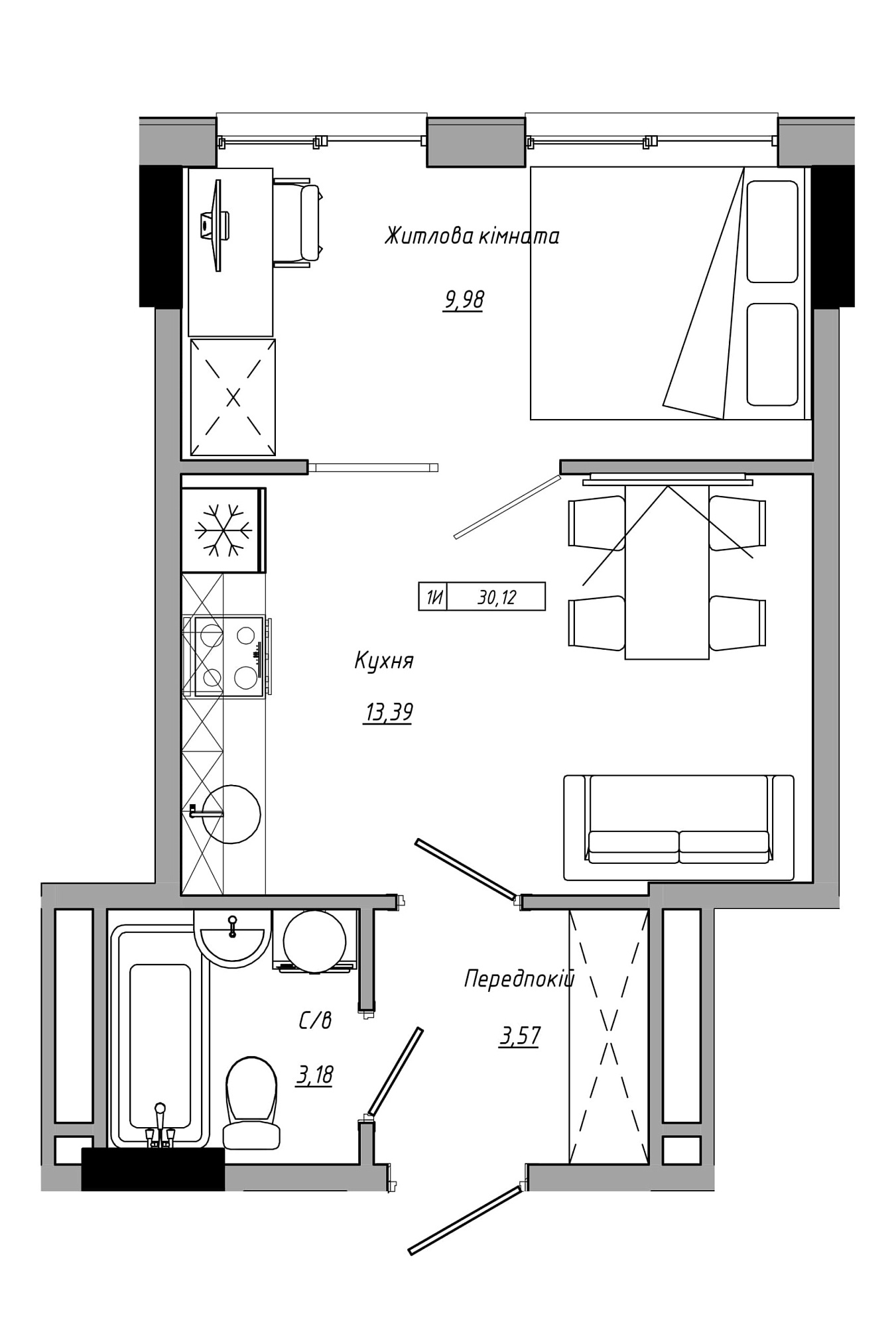 Планування 1-к квартира площею 30.12м2, AB-21-11/00012.