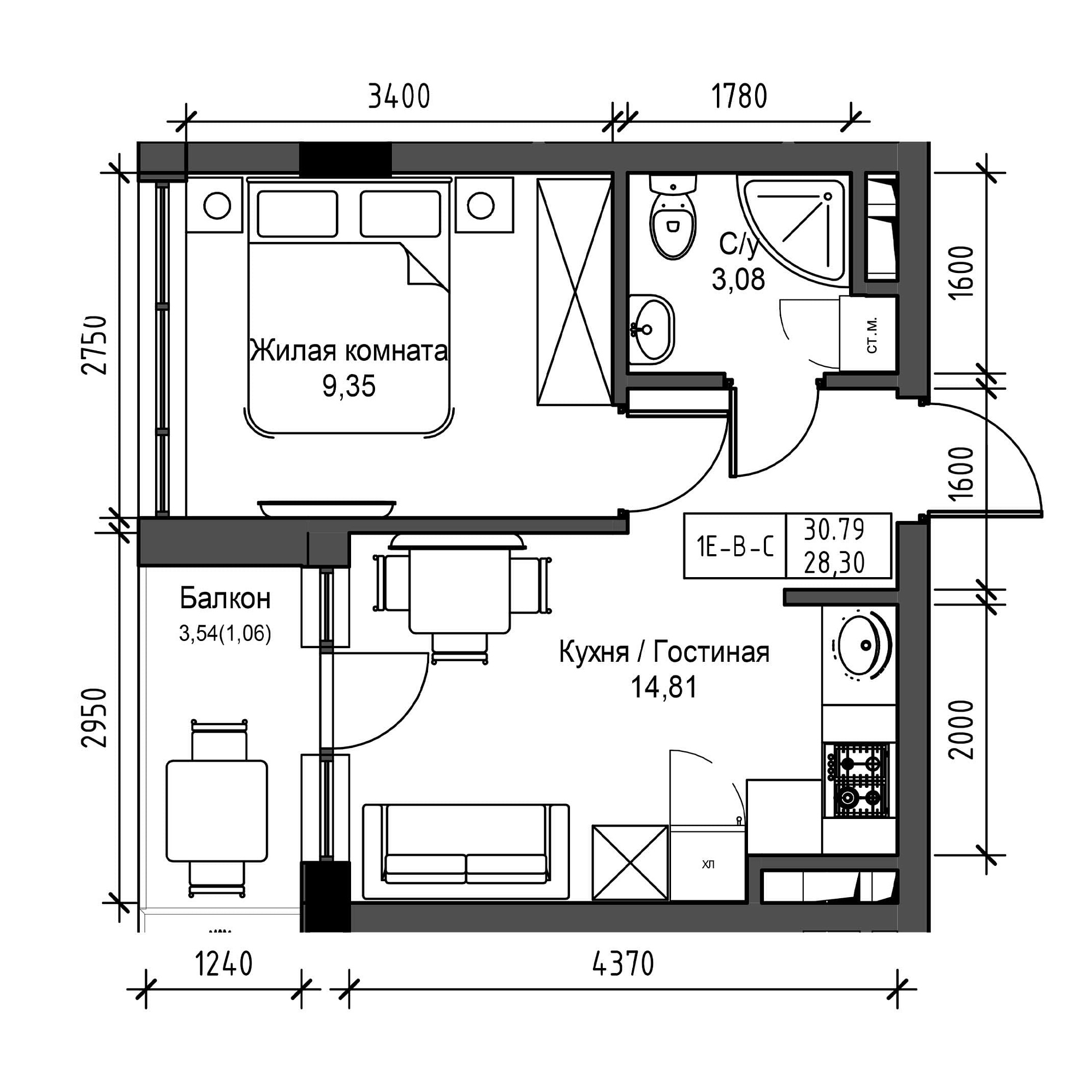 Планировка 1-к квартира площей 28.3м2, UM-001-03/0015.