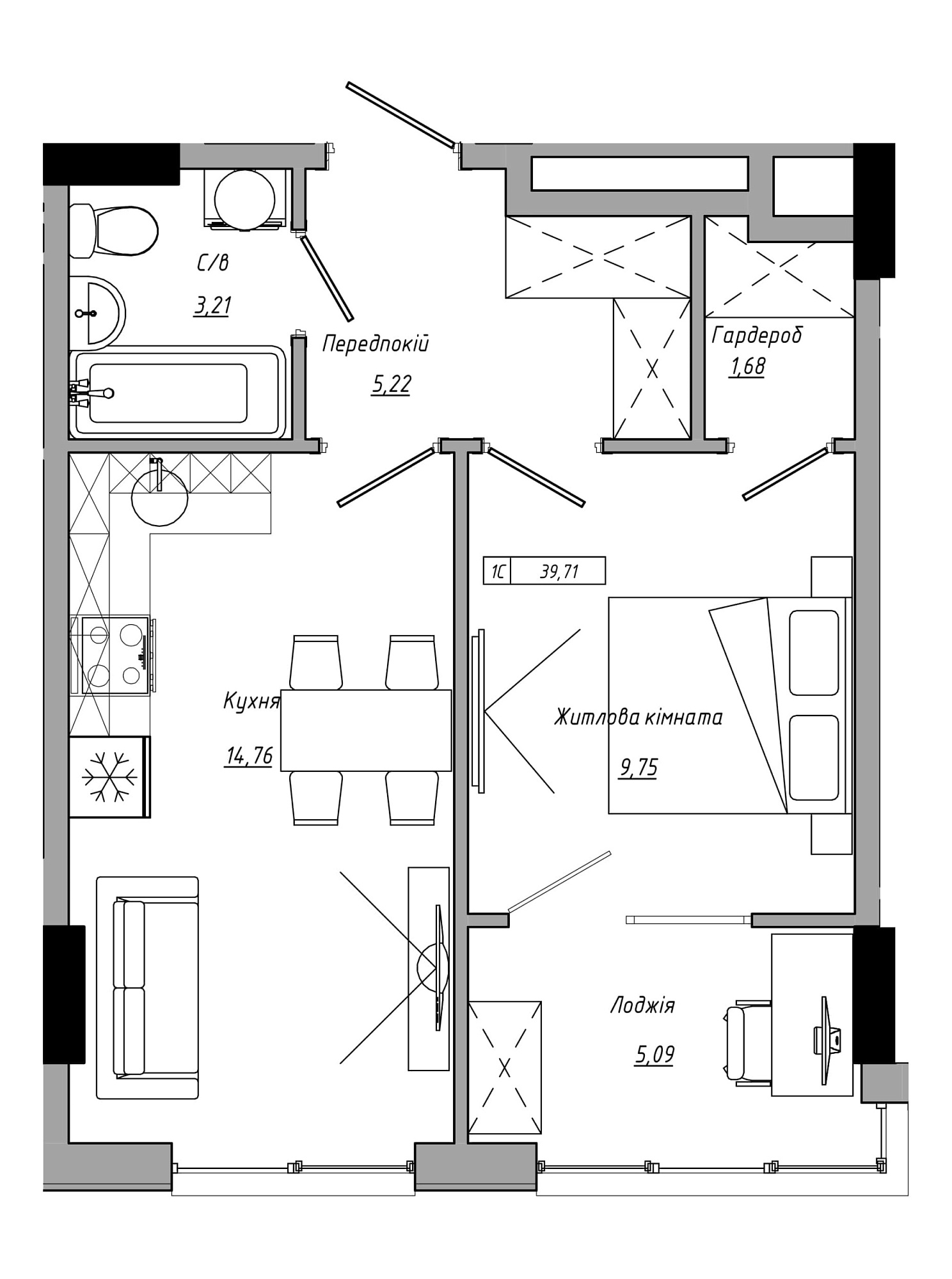 Планування 1-к квартира площею 39.71м2, AB-21-14/00121.