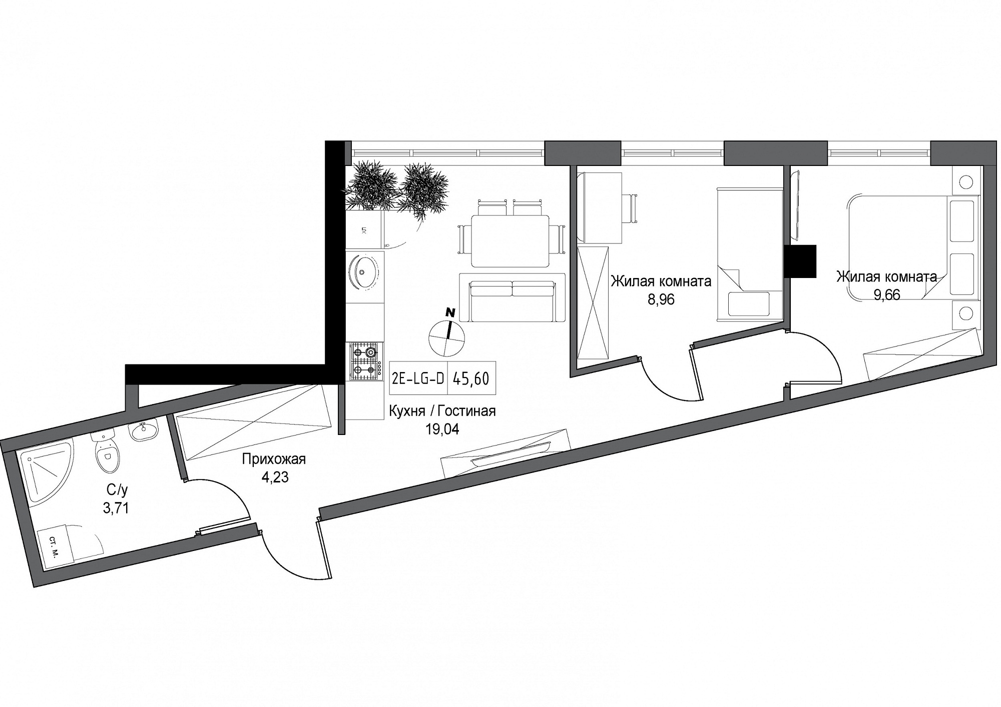 Планування 2-к квартира площею 45.6м2, UM-004-03/0005.