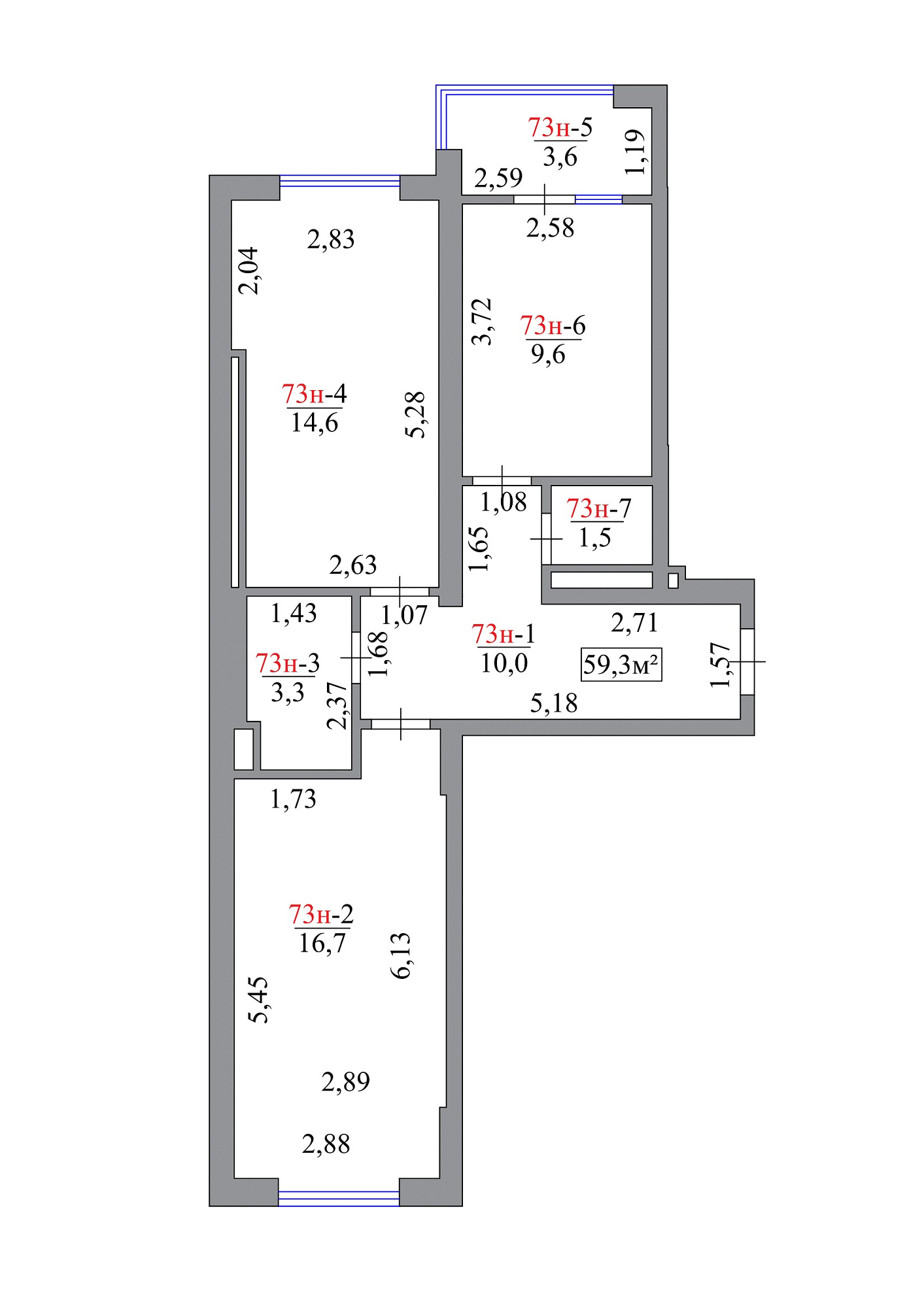 Планировка 2-к квартира площей 59.3м2, AB-07-08/00066.
