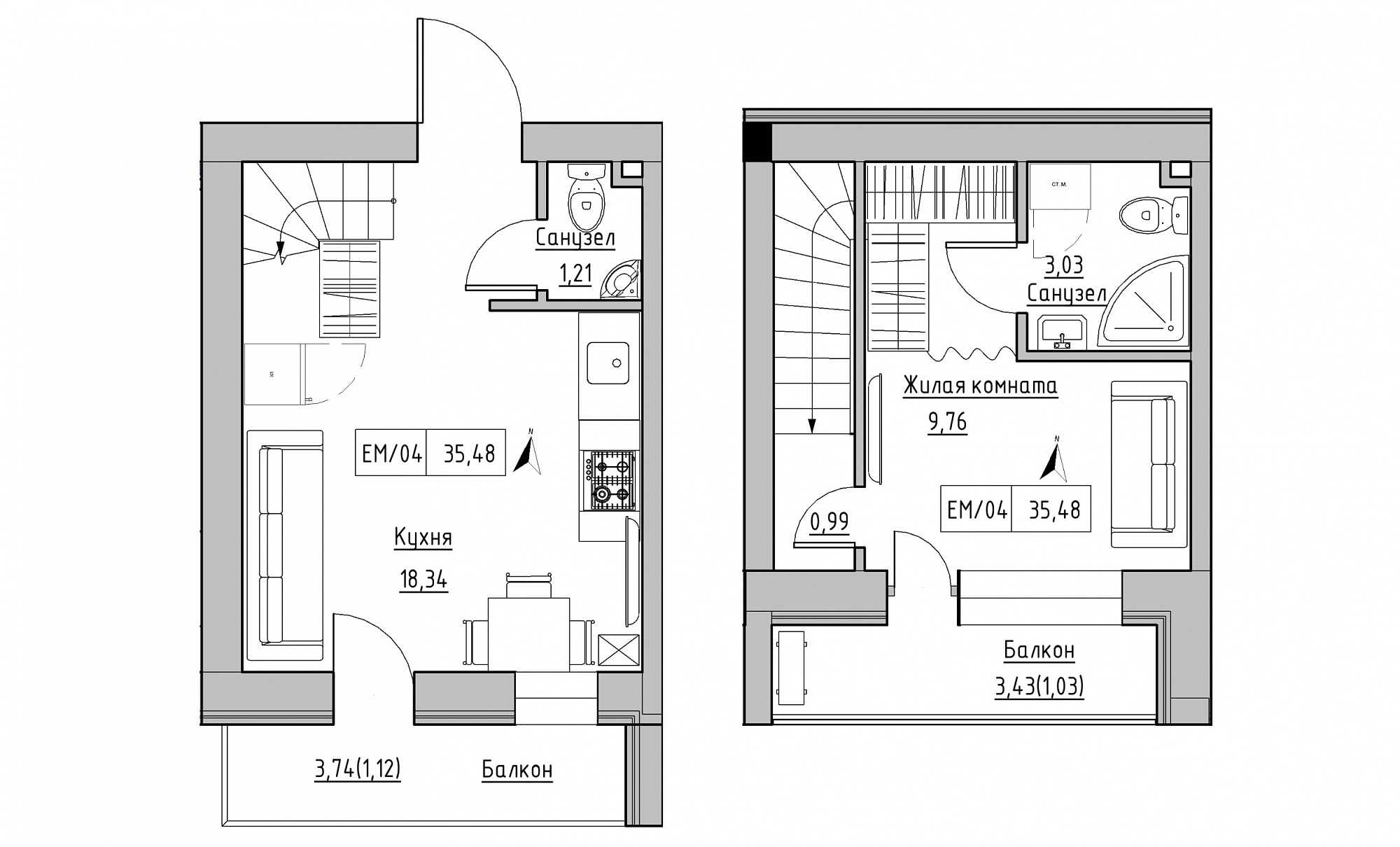 Planning 2-lvl flats area 35.48m2, KS-015-05/0014.