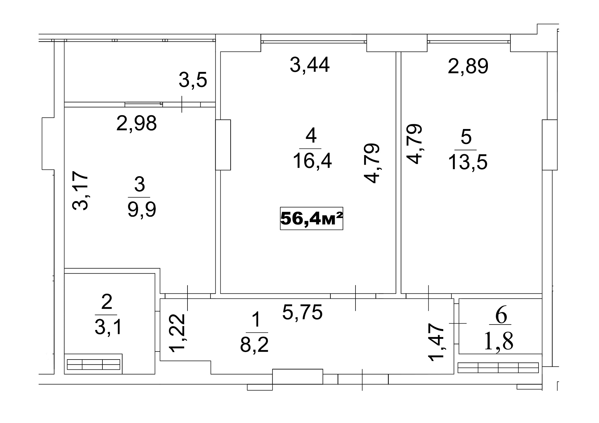 Планировка 2-к квартира площей 56.4м2, AB-13-01/0003а.