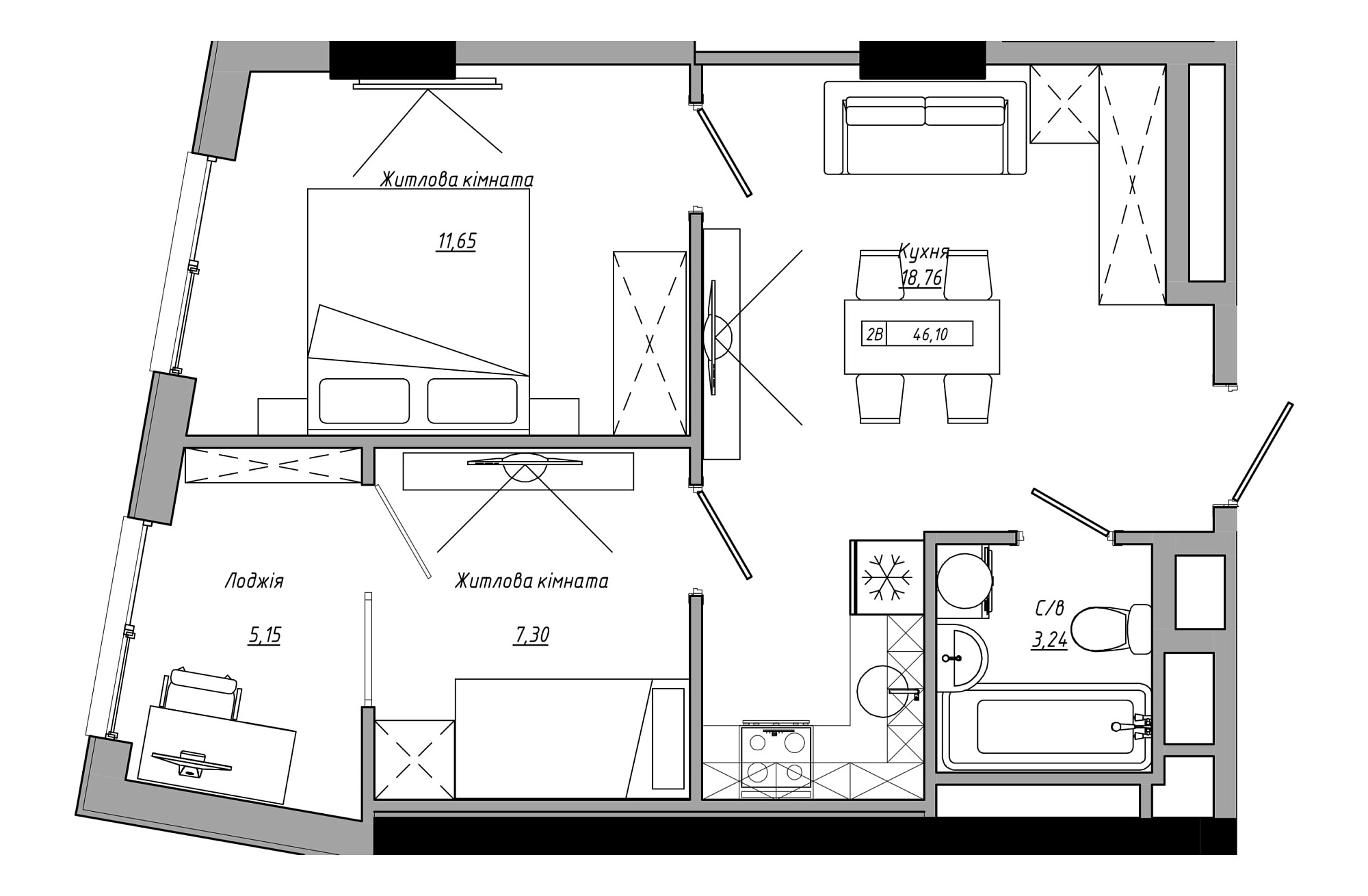 Планування 2-к квартира площею 46.1м2, AB-21-11/00008.