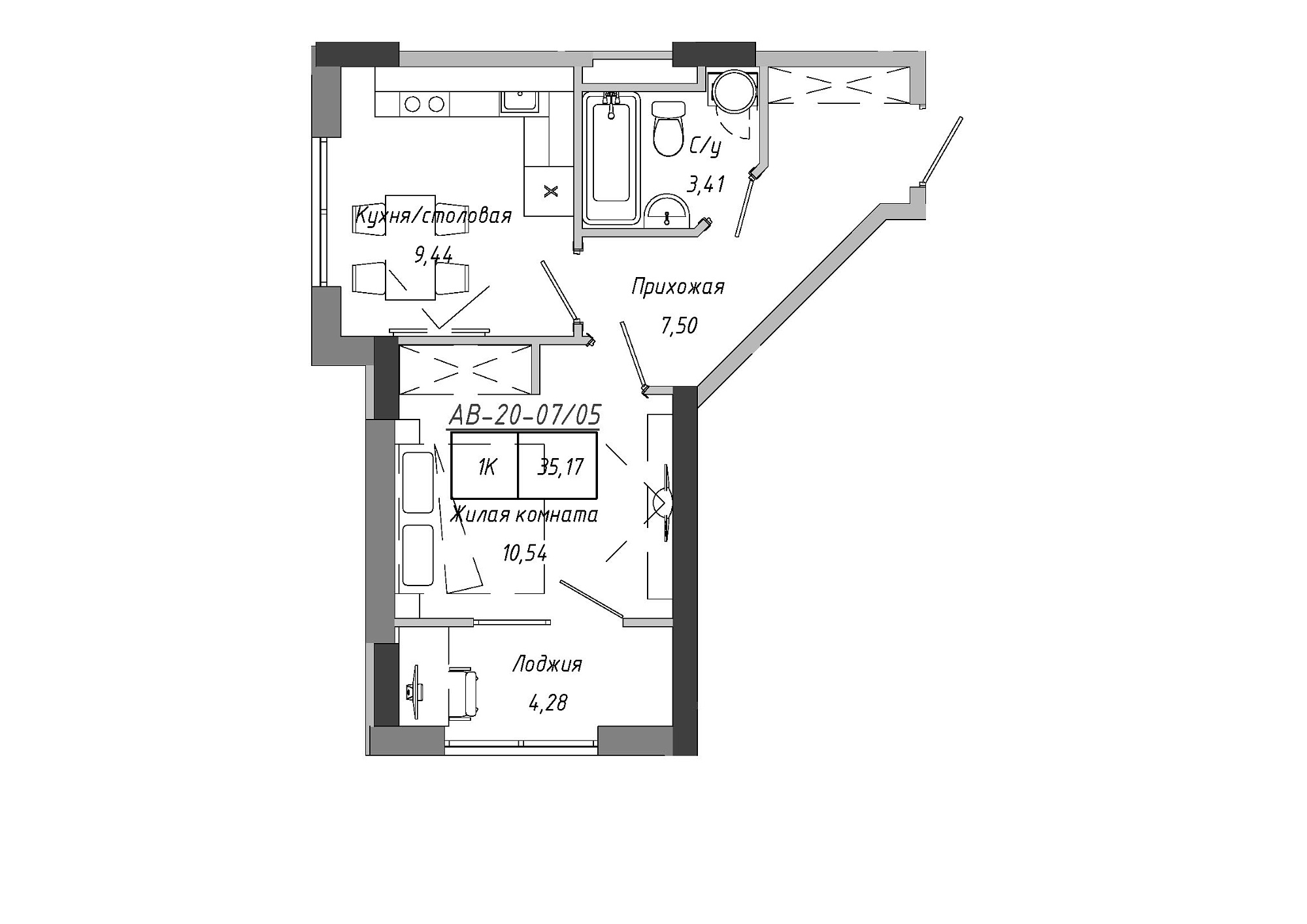 Планировка 1-к квартира площей 33.55м2, AB-20-07/00005.