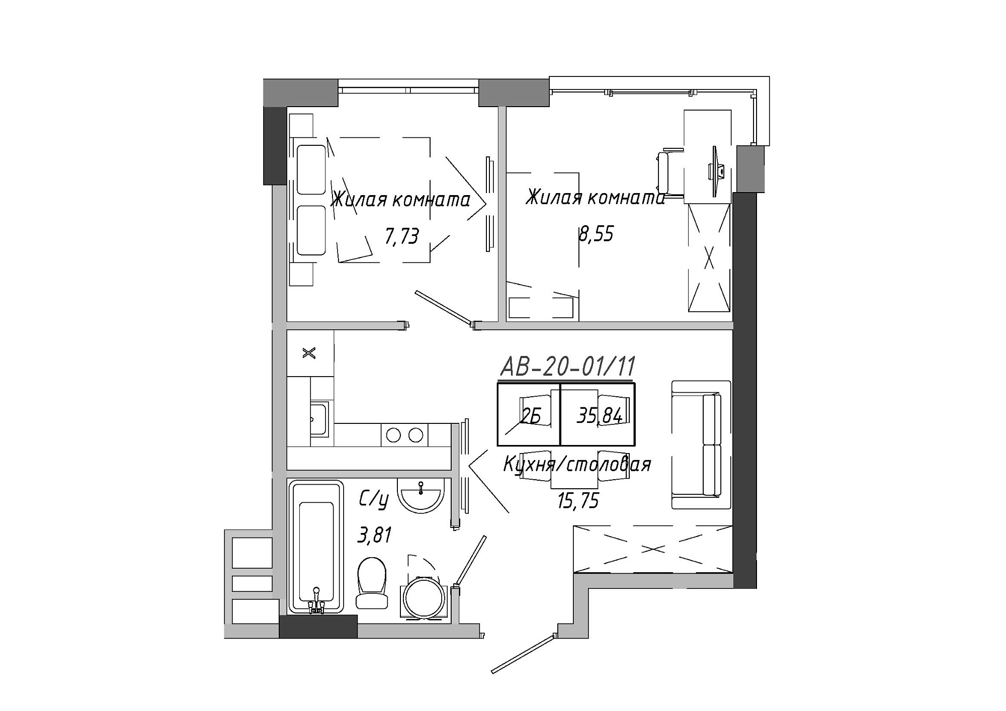 Планування 2-к квартира площею 35.75м2, AB-20-01/00011.