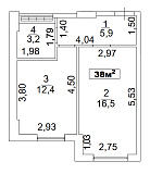 Planning 1-rm flats area 38m2, AB-02-02/0004а.