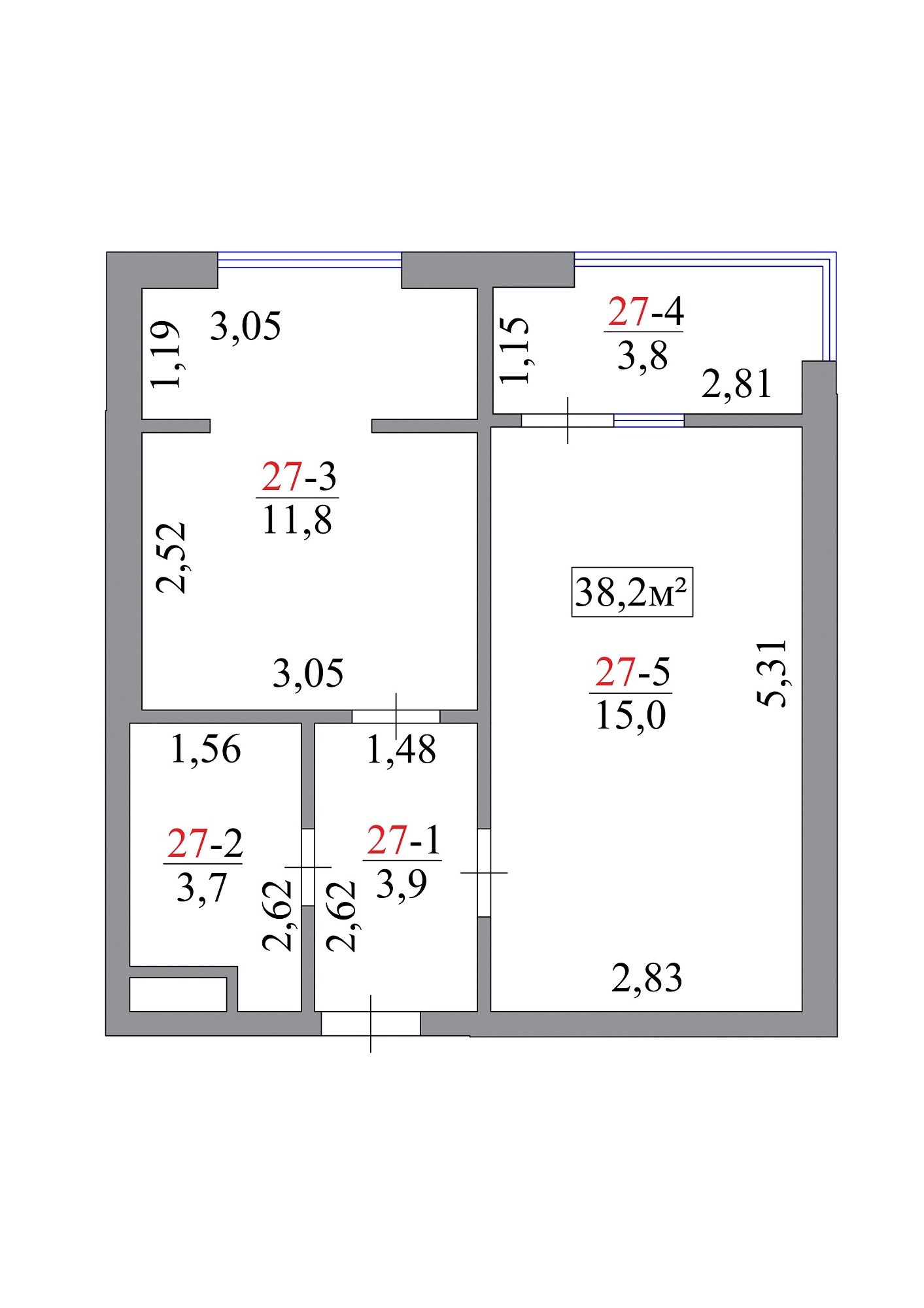 Планировка 1-к квартира площей 38.2м2, AB-07-03/0025а.