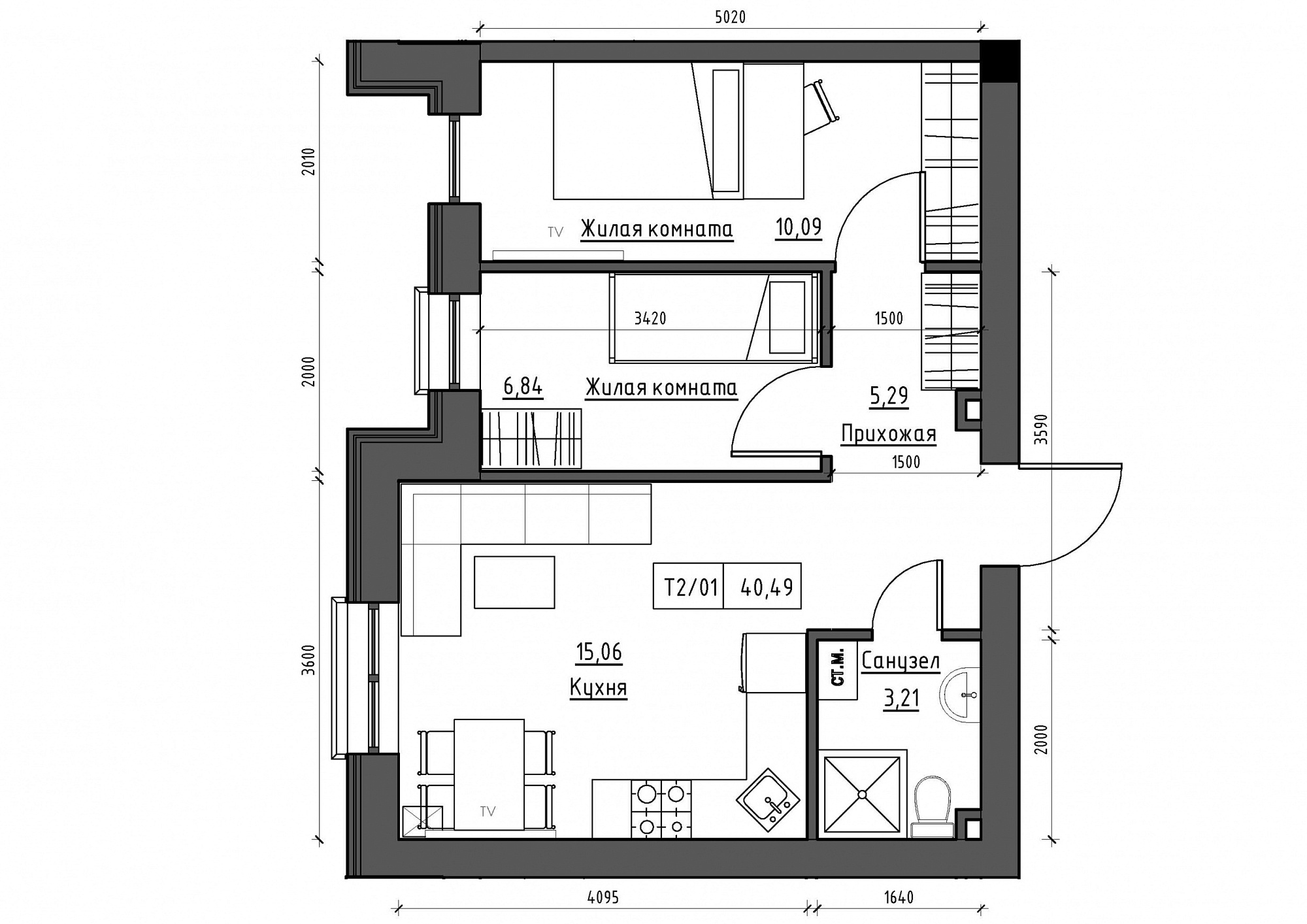 Планировка 2-к квартира площей 40.49м2, KS-012-01/0010.