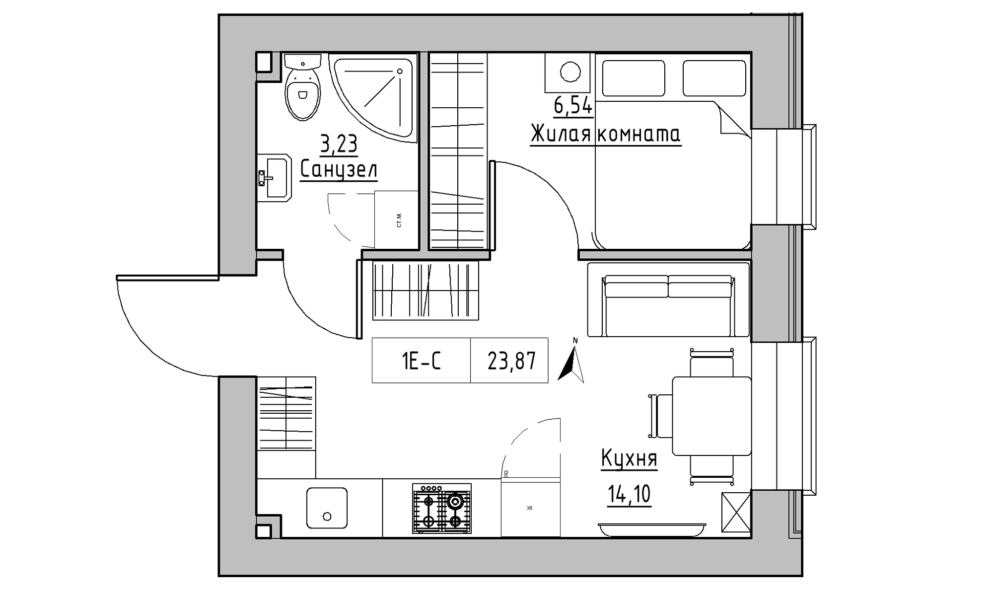 Planning 1-rm flats area 23.87m2, KS-023-02/0004.