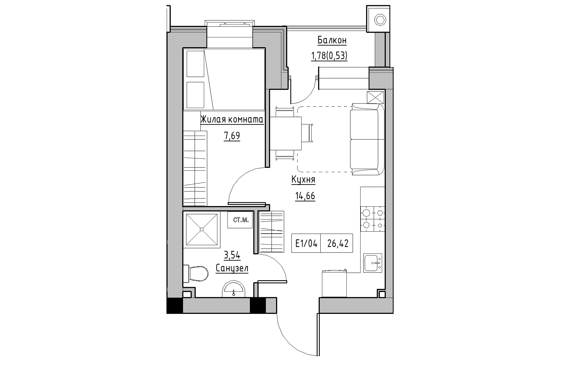 Планування 1-к квартира площею 26.42м2, KS-013-05/0009.
