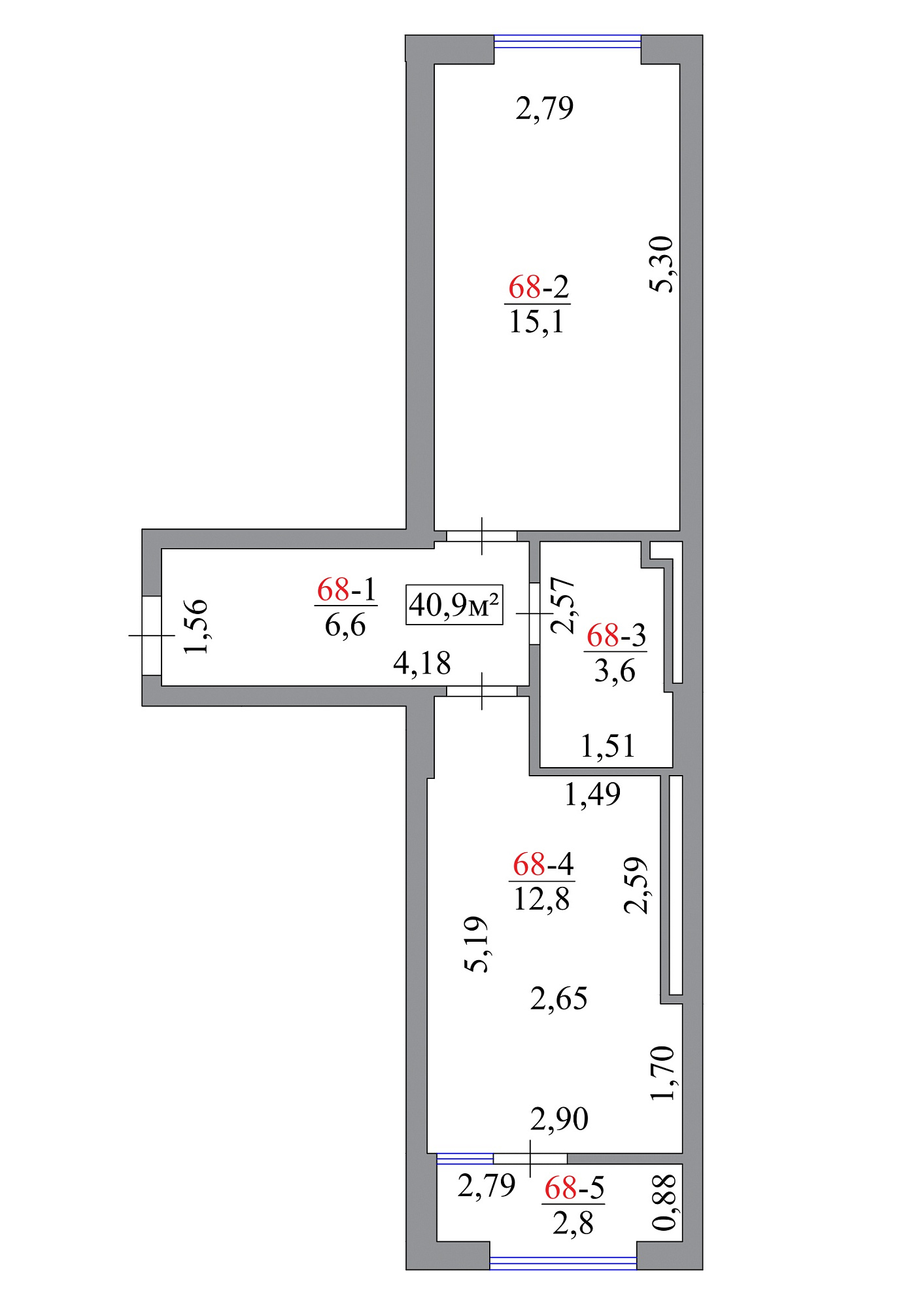 Планировка 1-к квартира площей 40.9м2, AB-07-07/0061б.