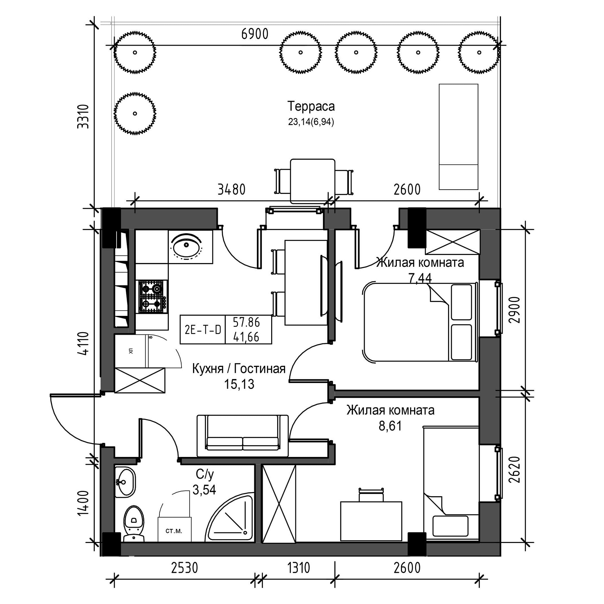 Планування 2-к квартира площею 41.66м2, UM-001-07/0022.