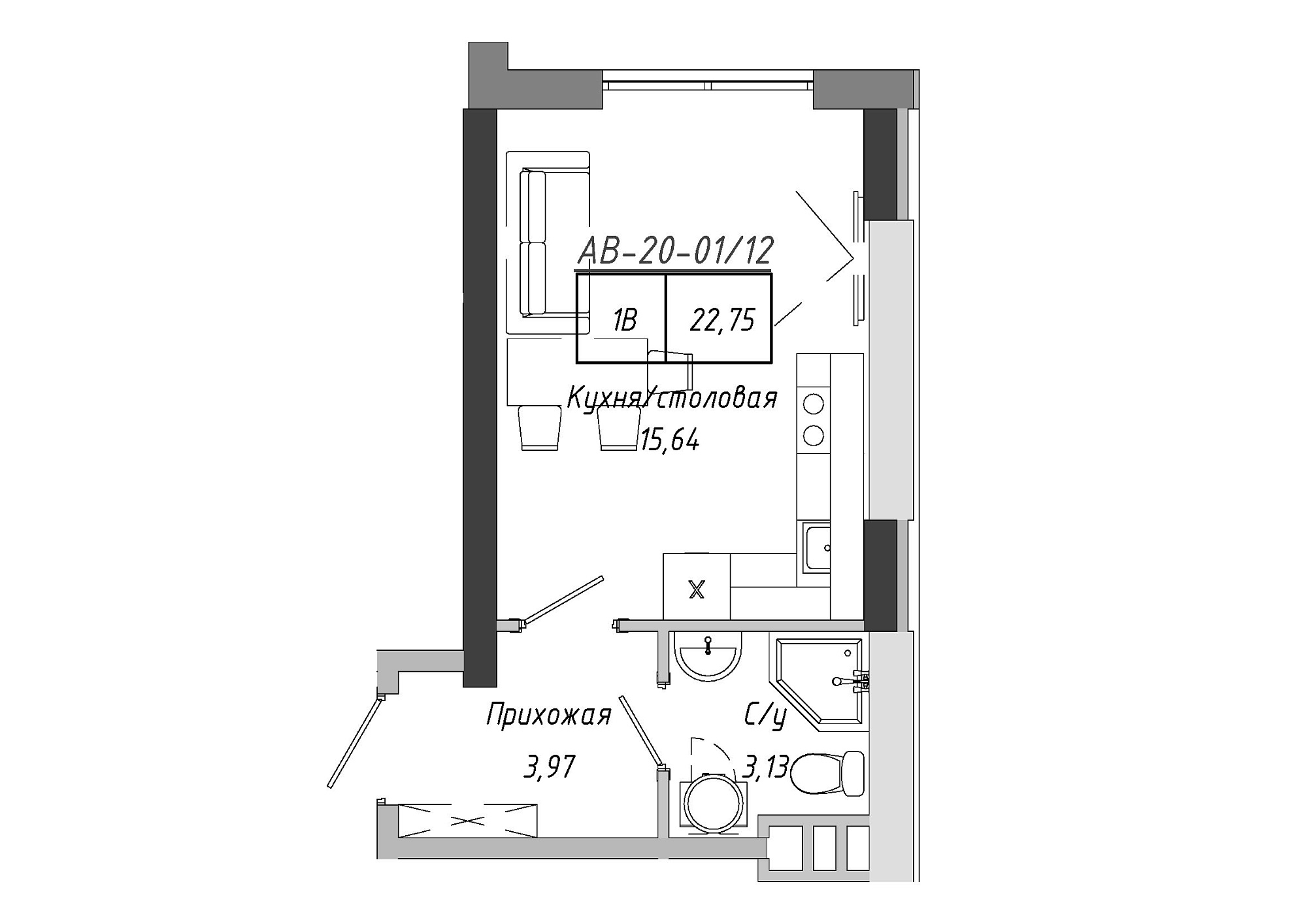 Планировка Smart-квартира площей 22.75м2, AB-20-01/00012.