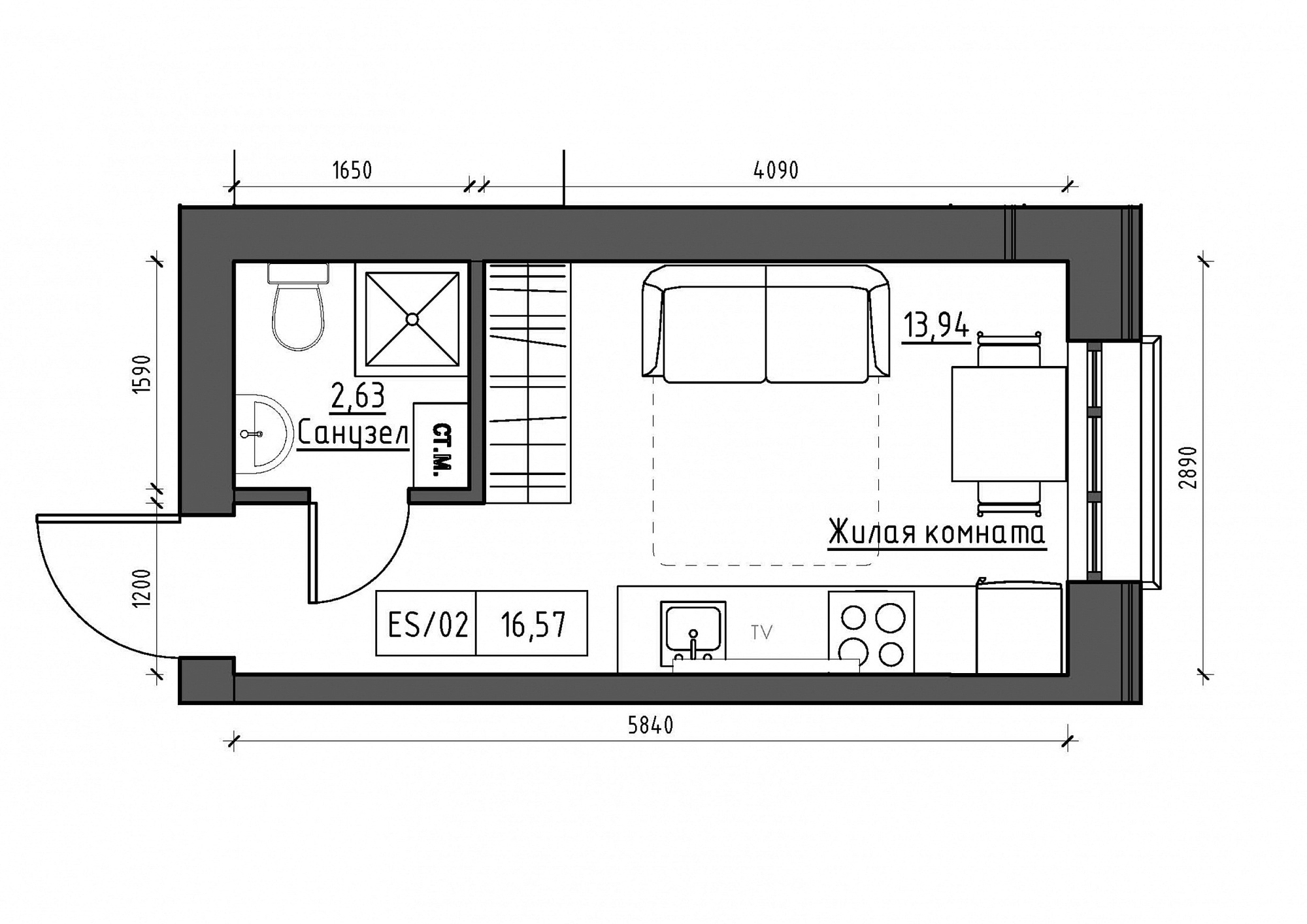 Планування Smart-квартира площею 16.57м2, KS-011-03/0005.