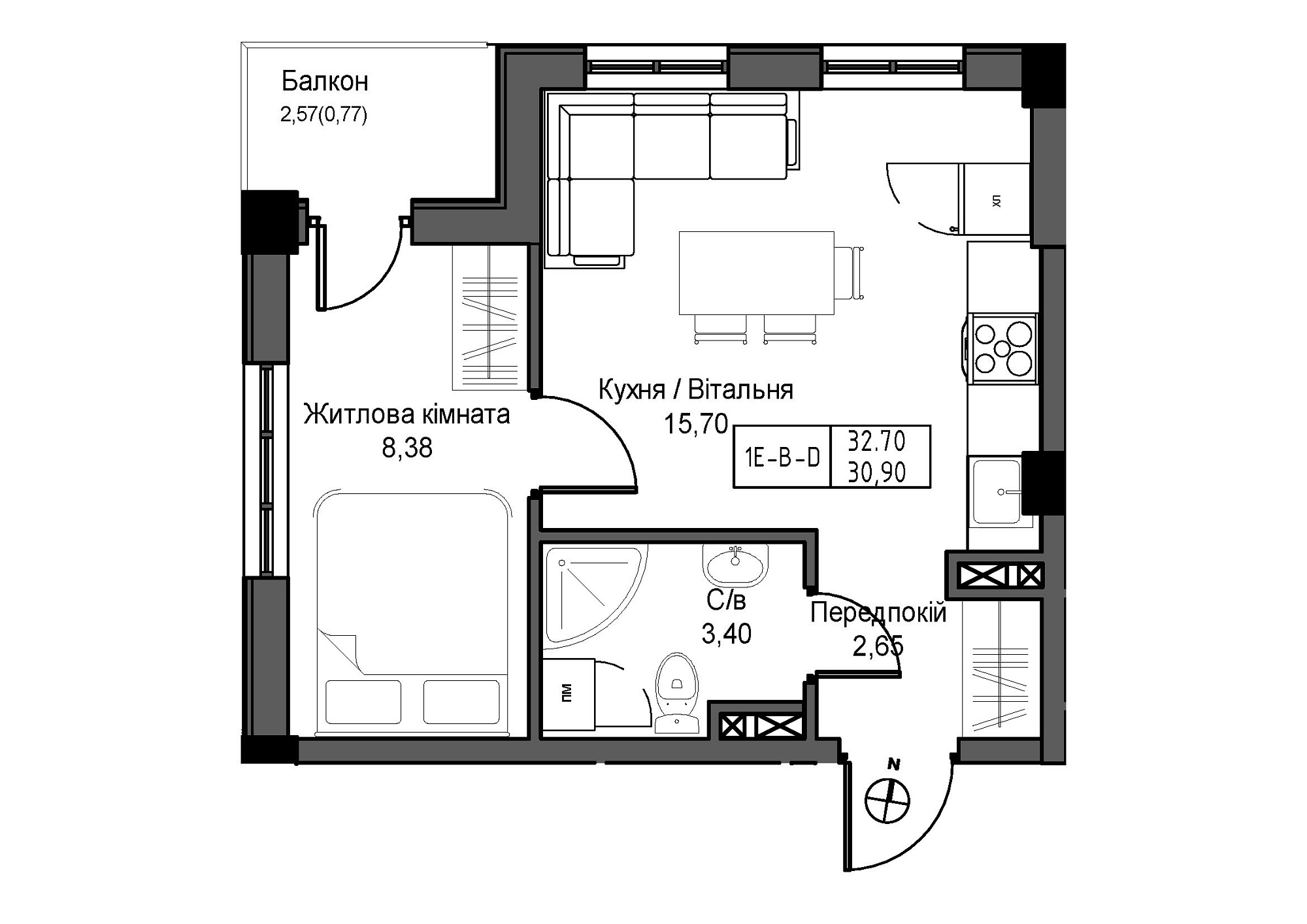 Planning 1-rm flats area 30.9m2, UM-007-09/0002.
