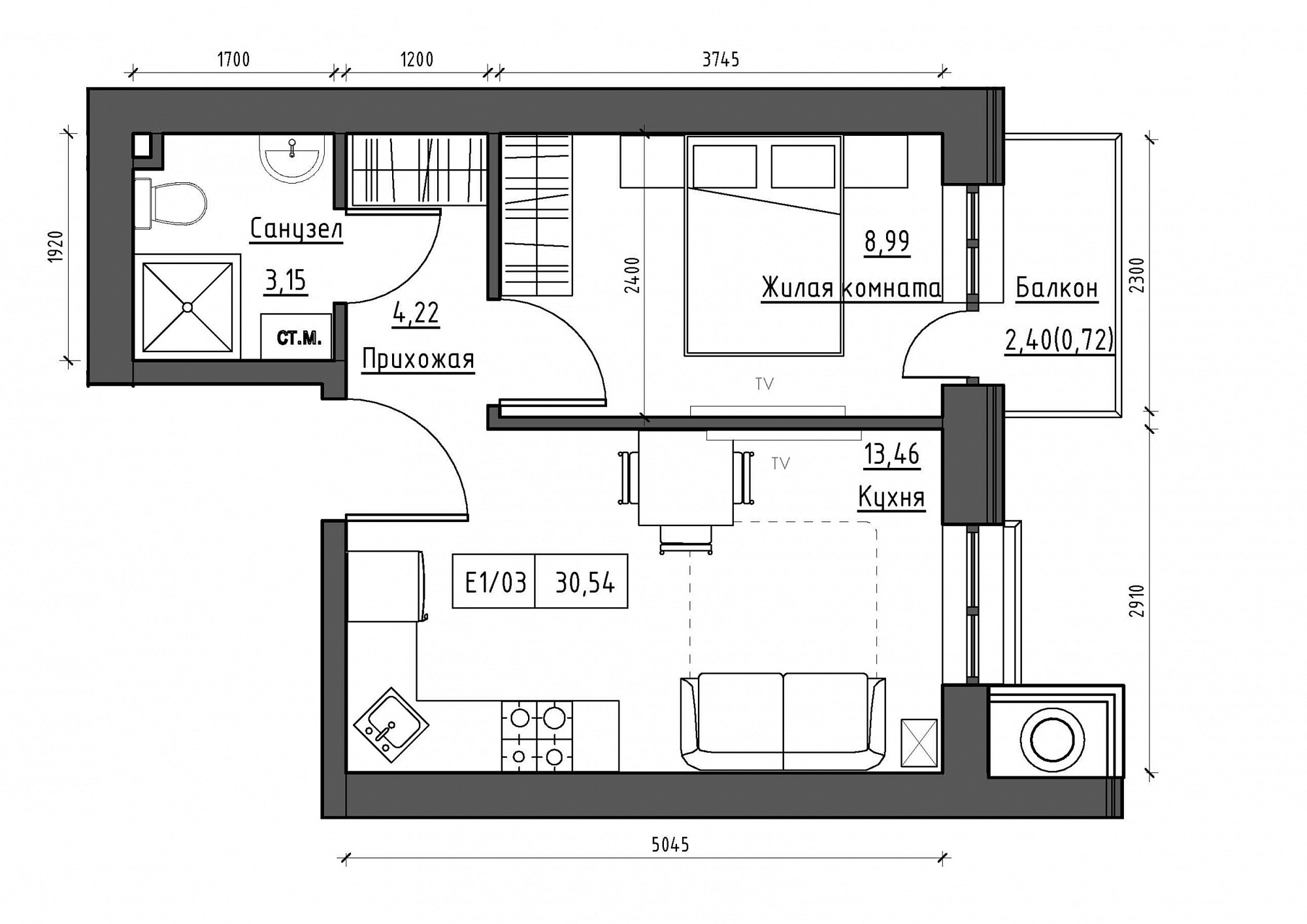 Планировка 1-к квартира площей 30.54м2, KS-012-05/0016.