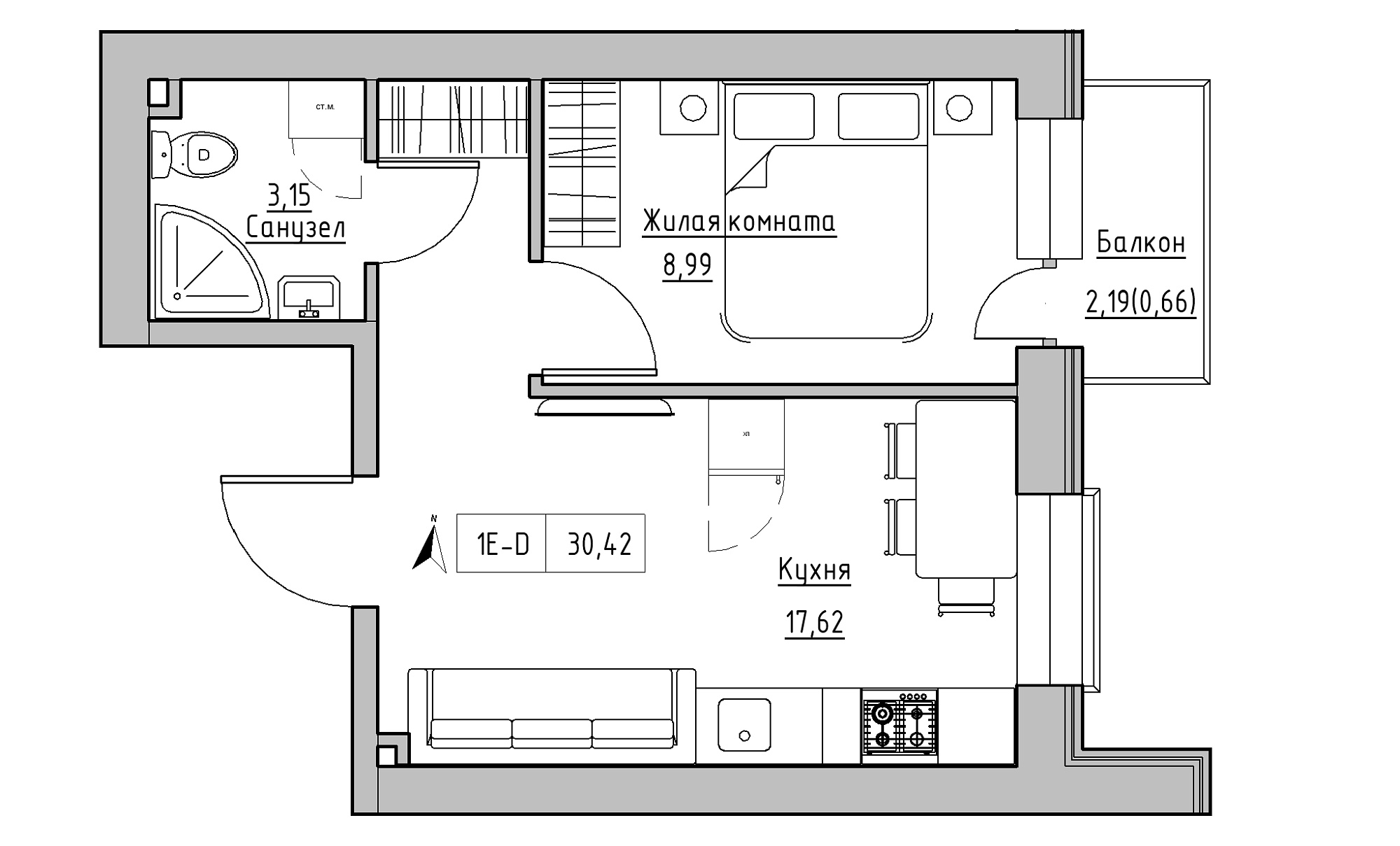 Планировка 1-к квартира площей 30.42м2, KS-016-04/0013.