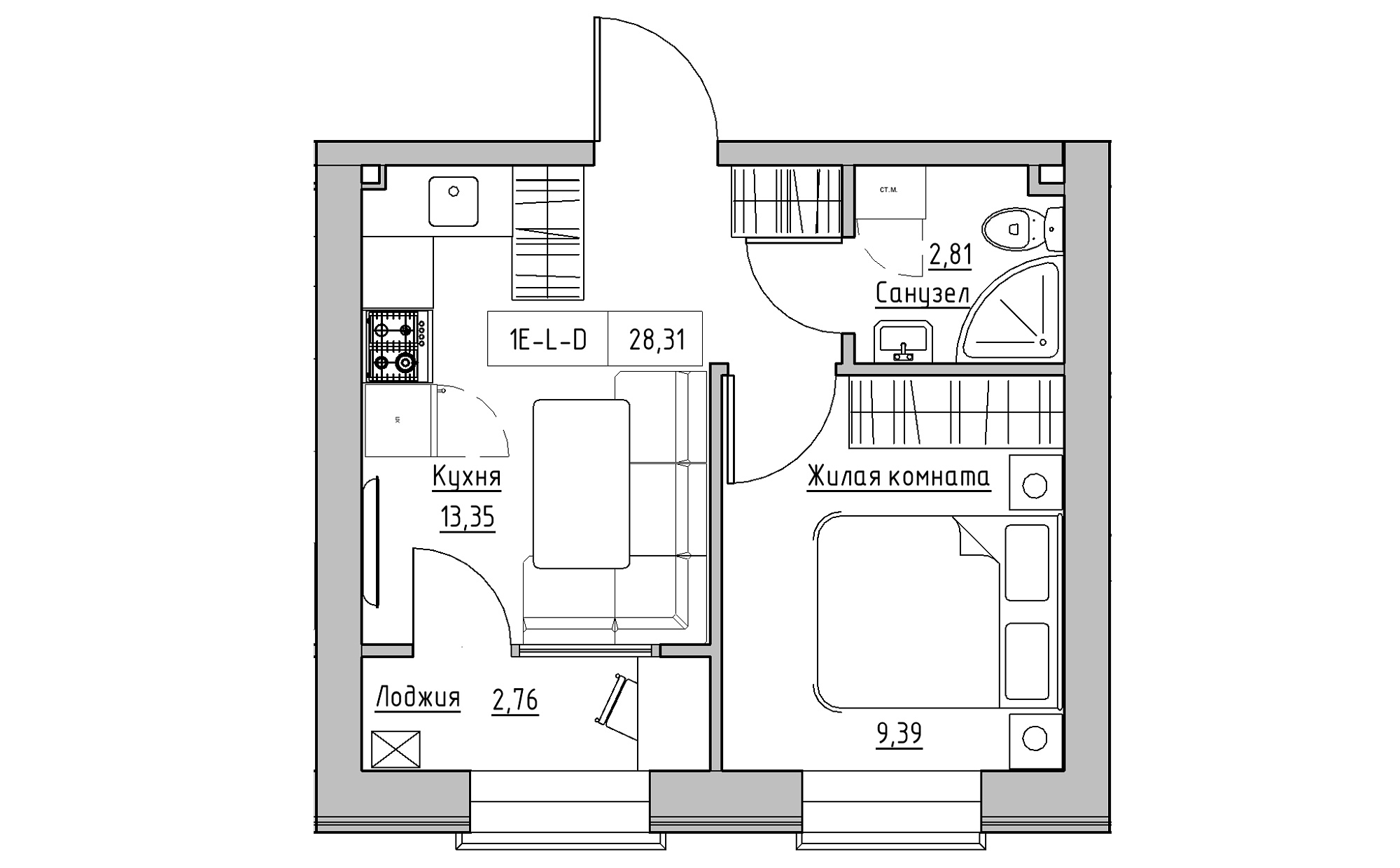 Планировка 1-к квартира площей 28.31м2, KS-022-05/0001.