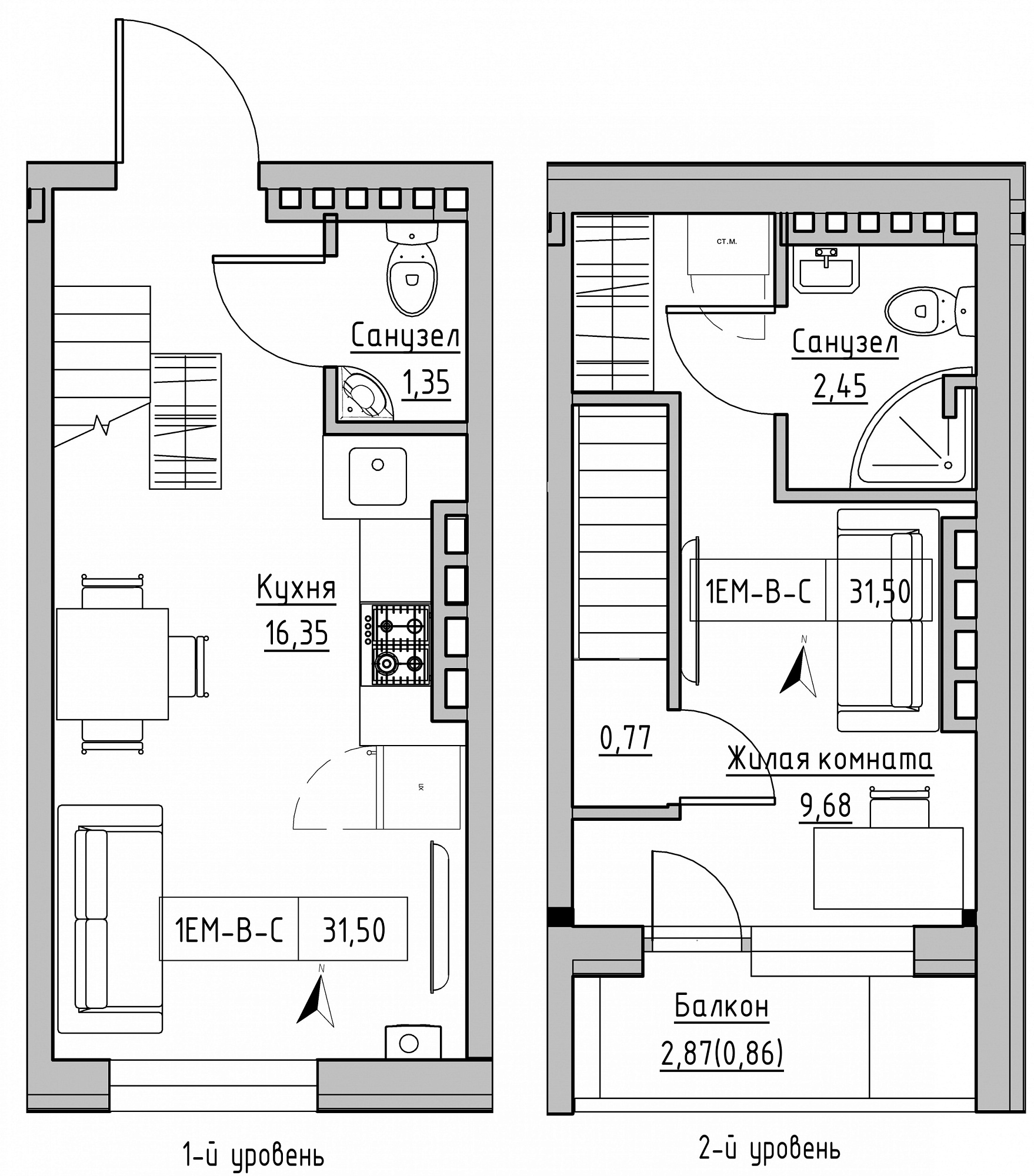 Planning 2-lvl flats area 31.5m2, KS-024-05/0009.