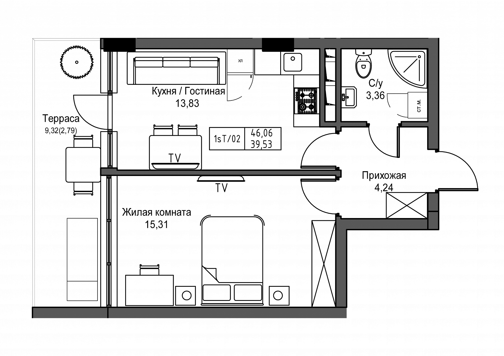 Планировка 1-к квартира площей 39.53м2, UM-003-02/0010.