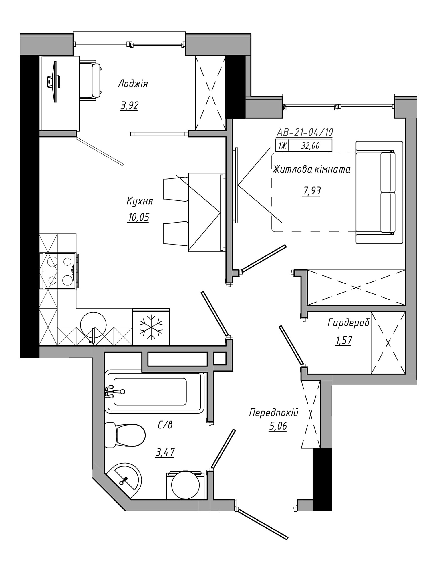 Планировка 1-к квартира площей 32м2, AB-21-04/00010.