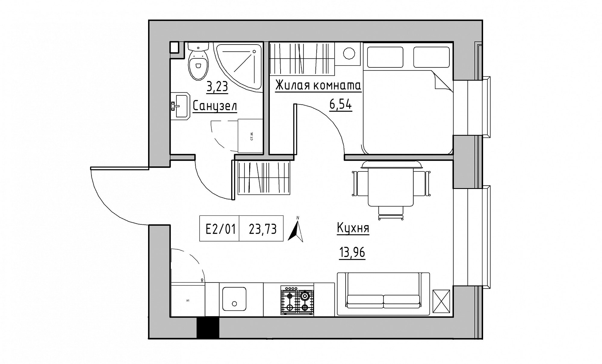 Planning 1-rm flats area 23.73m2, KS-015-01/0007.