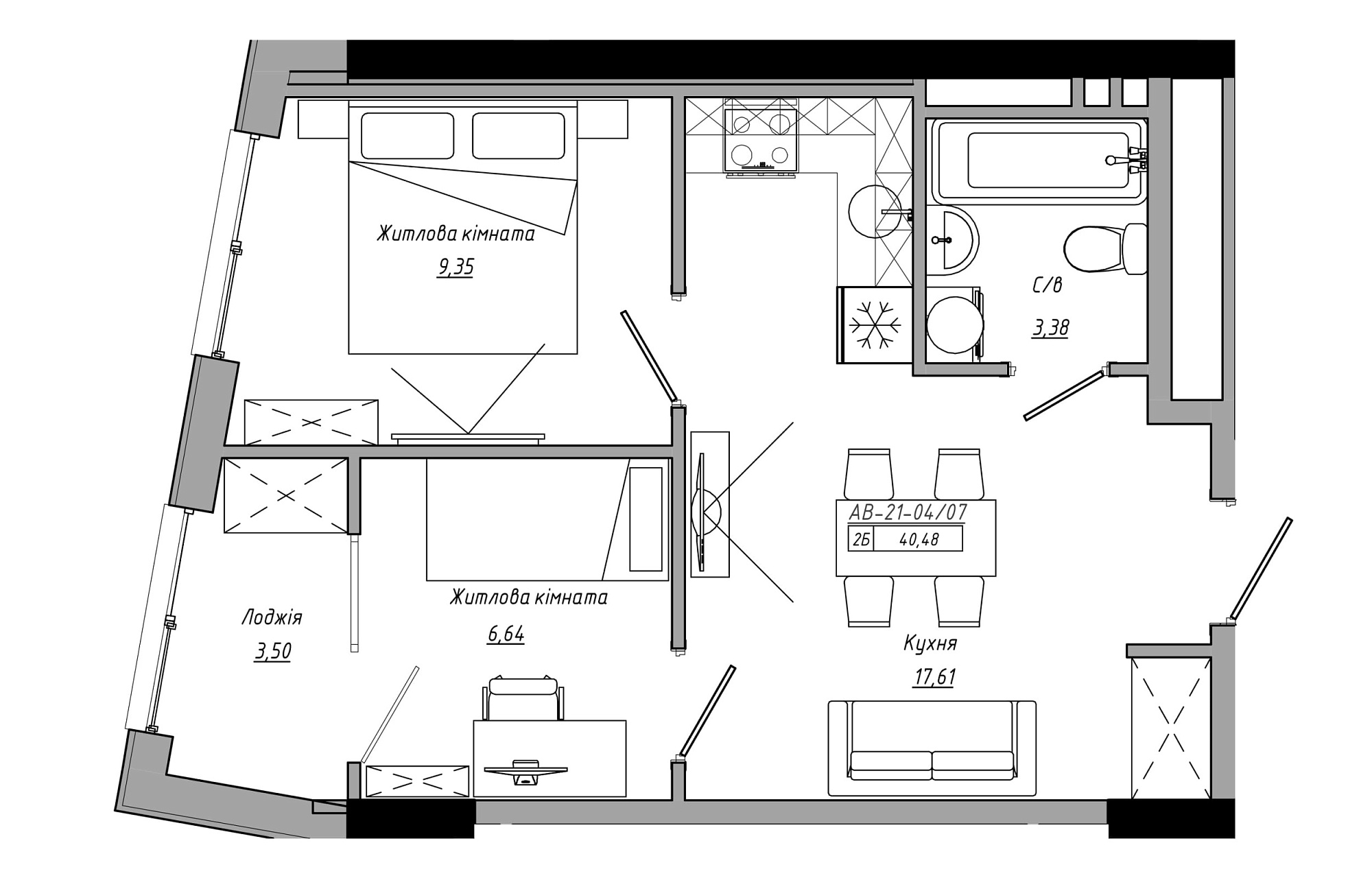 Планування 2-к квартира площею 40.48м2, AB-21-04/00007.