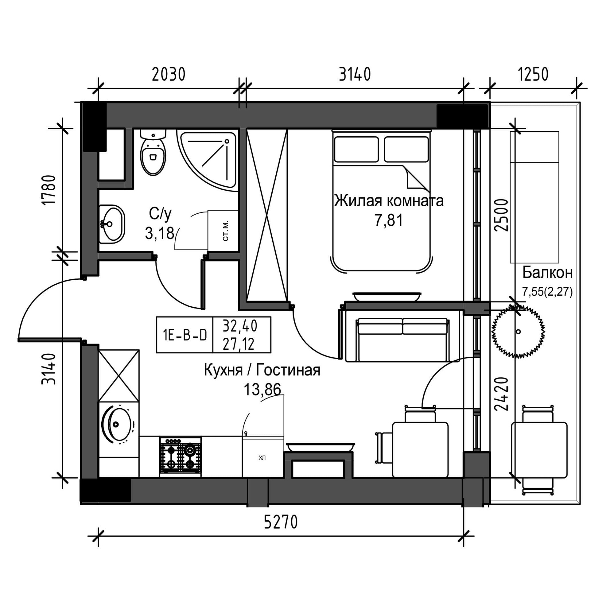 Планування 1-к квартира площею 27.12м2, UM-001-05/0003.
