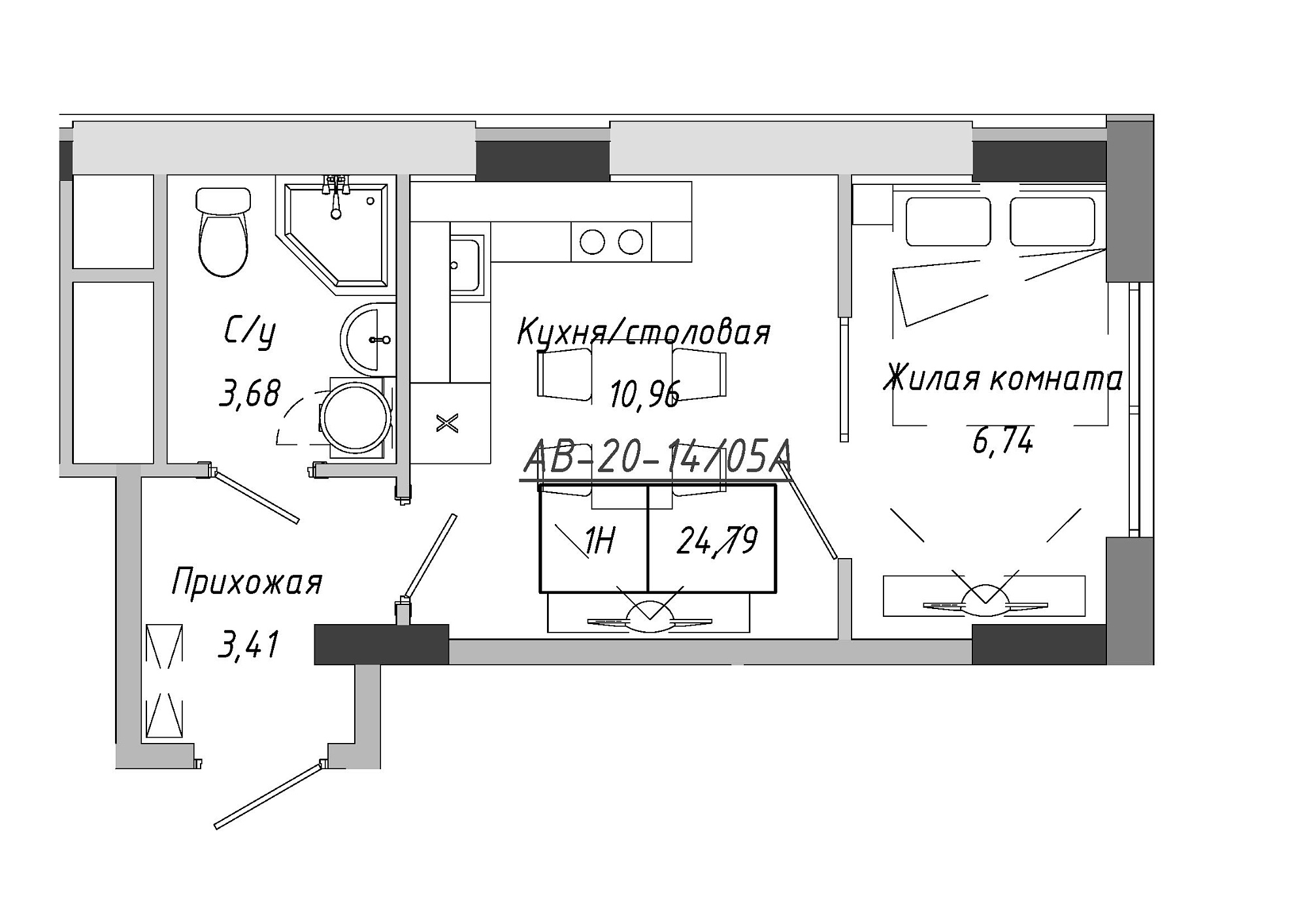 Планировка 1-к квартира площей 24.79м2, AB-20-14/0105a.