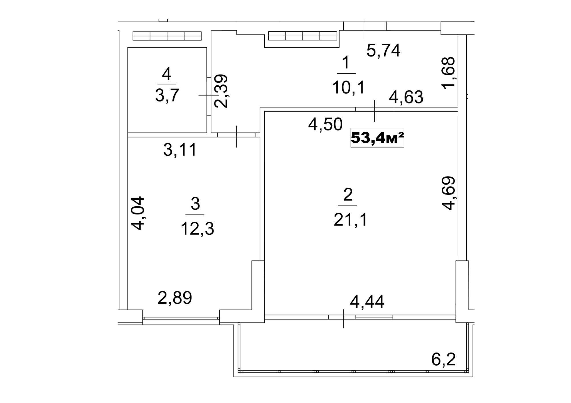 Планировка 1-к квартира площей 53.4м2, AB-13-01/00002.