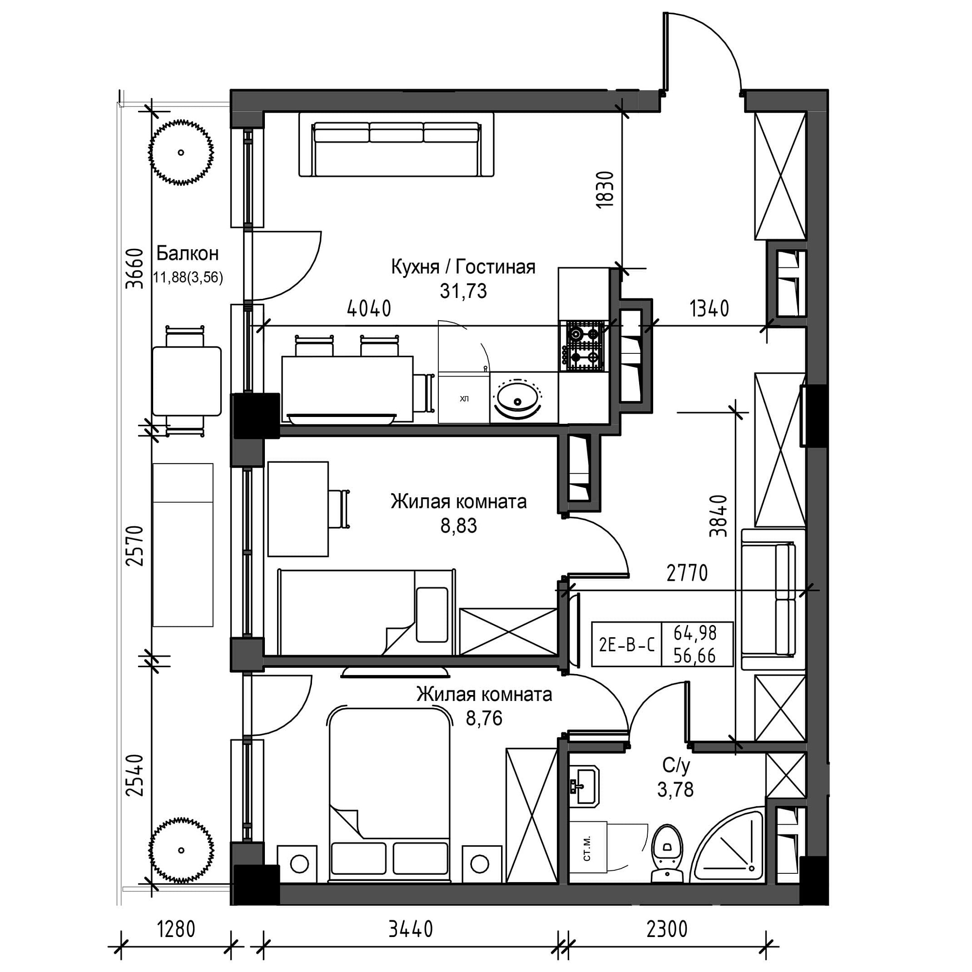 Планування 2-к квартира площею 56.66м2, UM-001-07/0010.