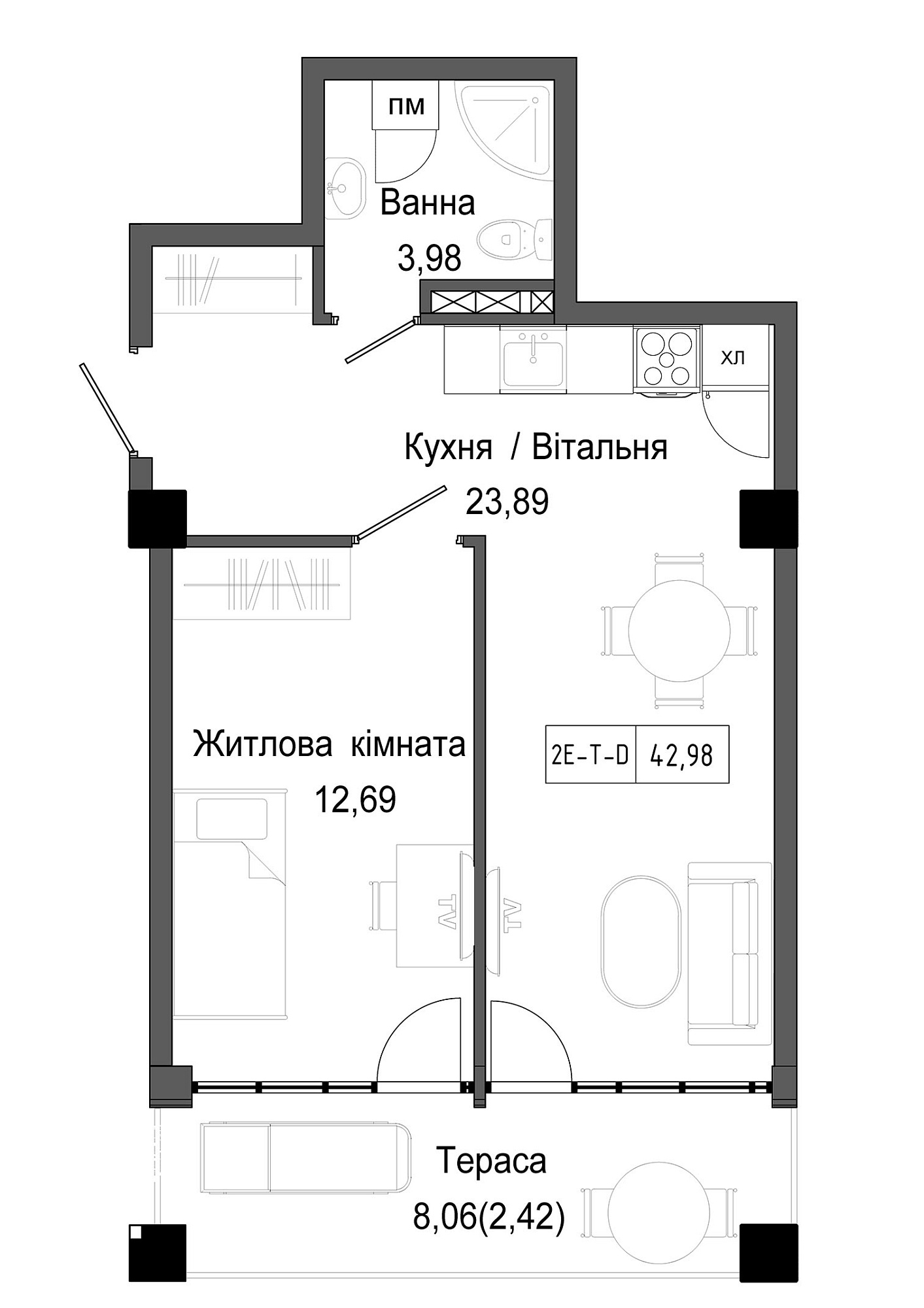 Планування 1-к квартира площею 42.98м2, UM-006-05/0006.