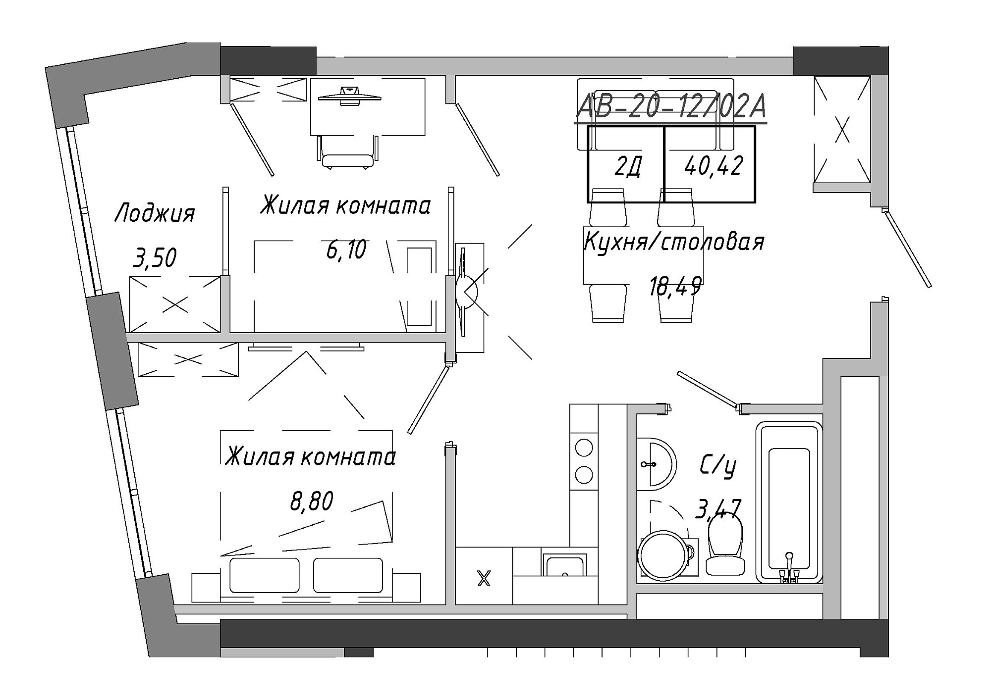 Planning 2-rm flats area 41.9m2, AB-20-12/0002а.