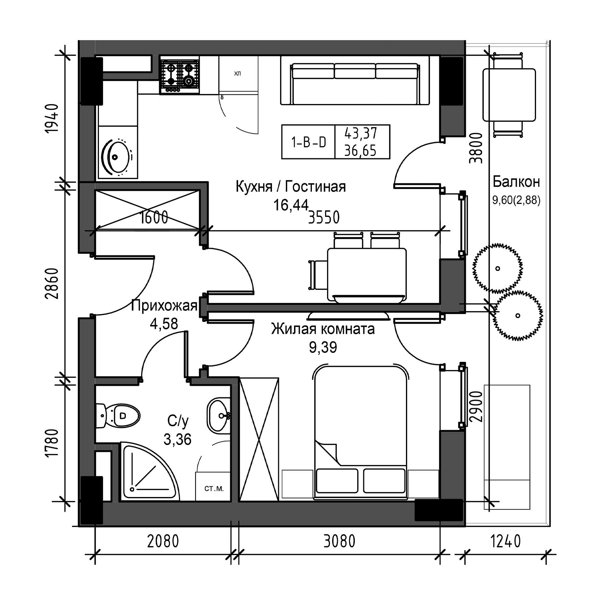 Planning 1-rm flats area 36.65m2, UM-001-04/0002.
