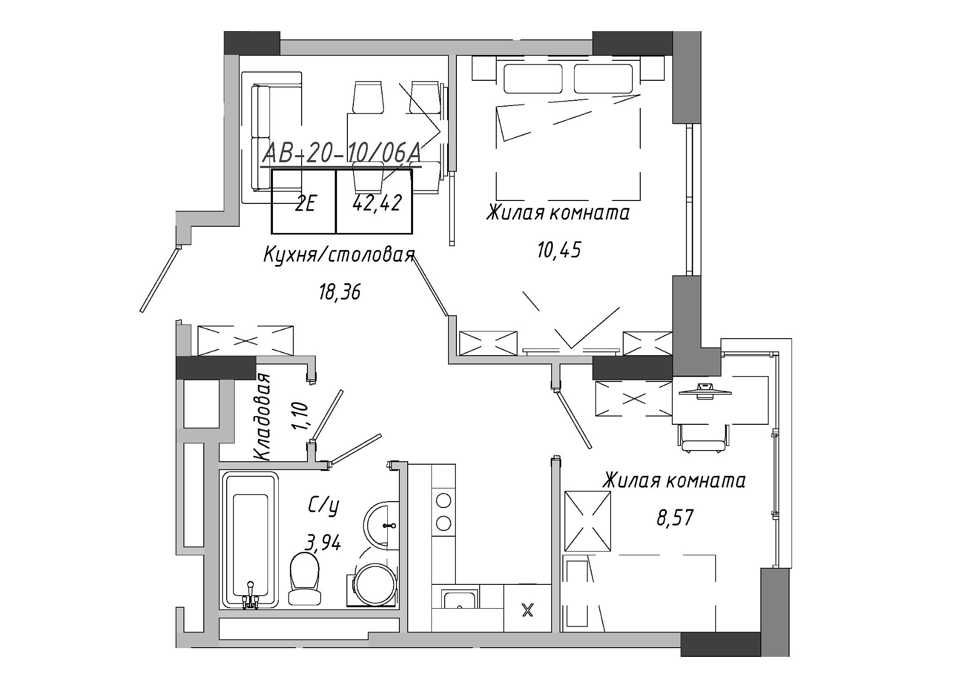 Planning 2-rm flats area 42.85m2, AB-20-10/0006а.