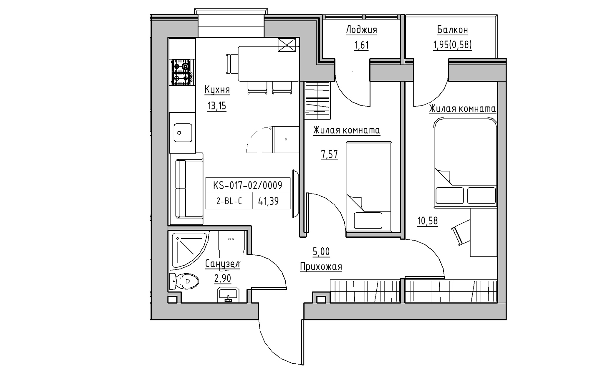 Planning 2-rm flats area 41.39m2, KS-017-02/0009.
