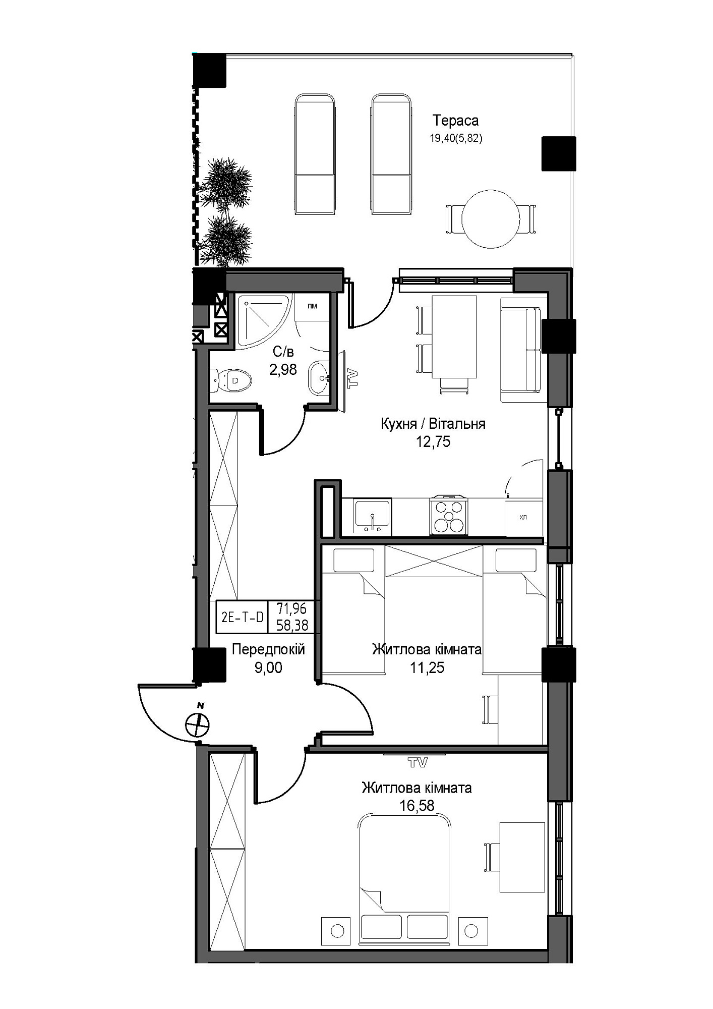 Planning 2-rm flats area 58.38m2, UM-007-10/0004.