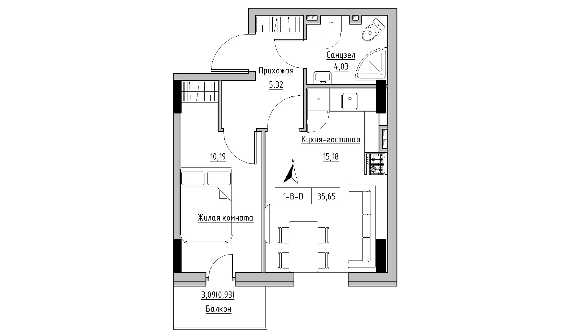 Планировка 1-к квартира площей 35.65м2, KS-025-02/0011.