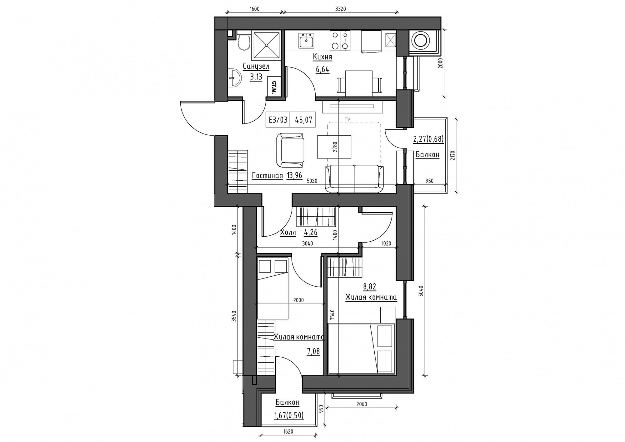 Планування 3-к квартира площею 45.07м2, KS-011-05/0008.