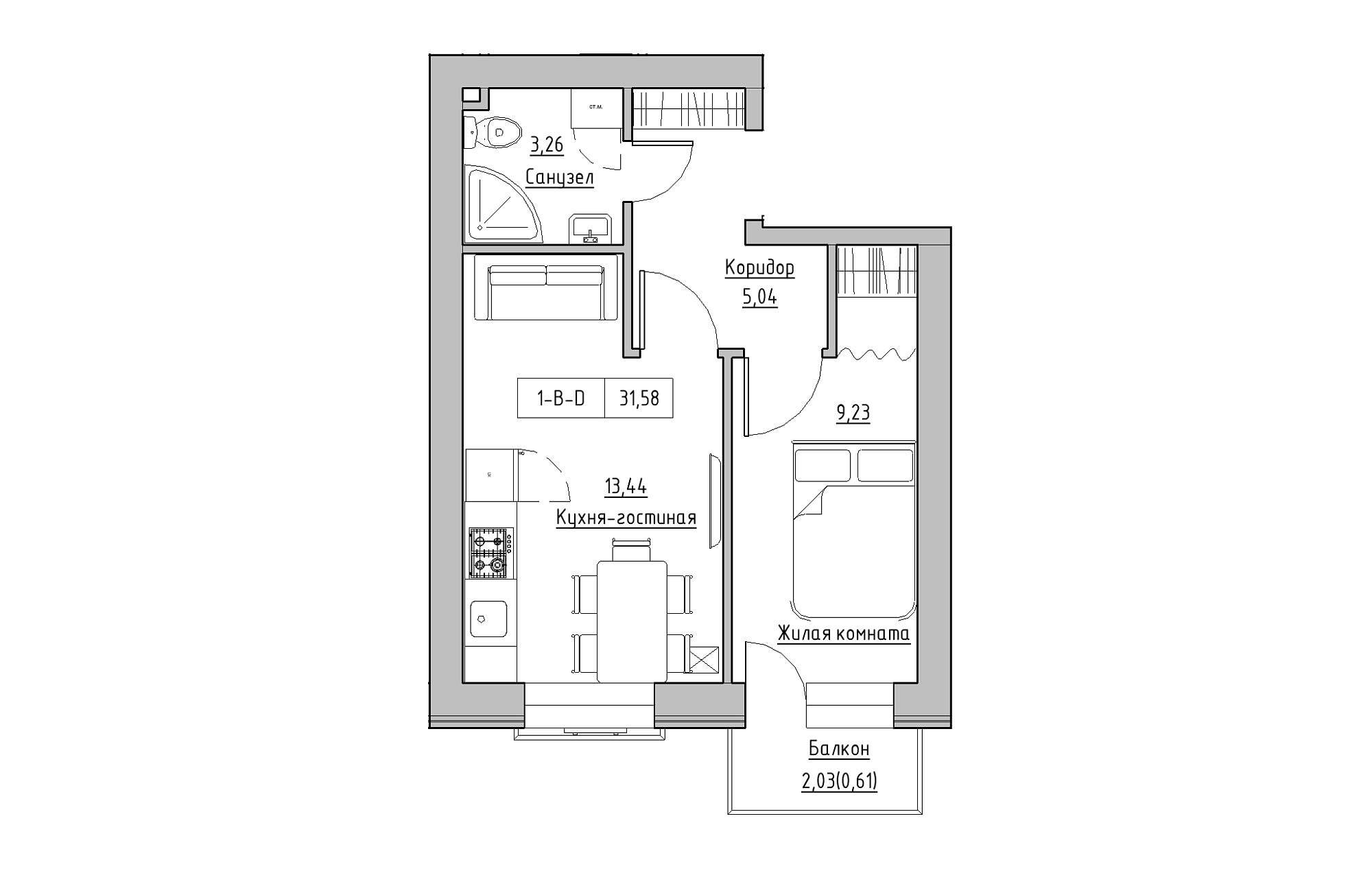 Планування 1-к квартира площею 31.58м2, KS-018-03/0003.