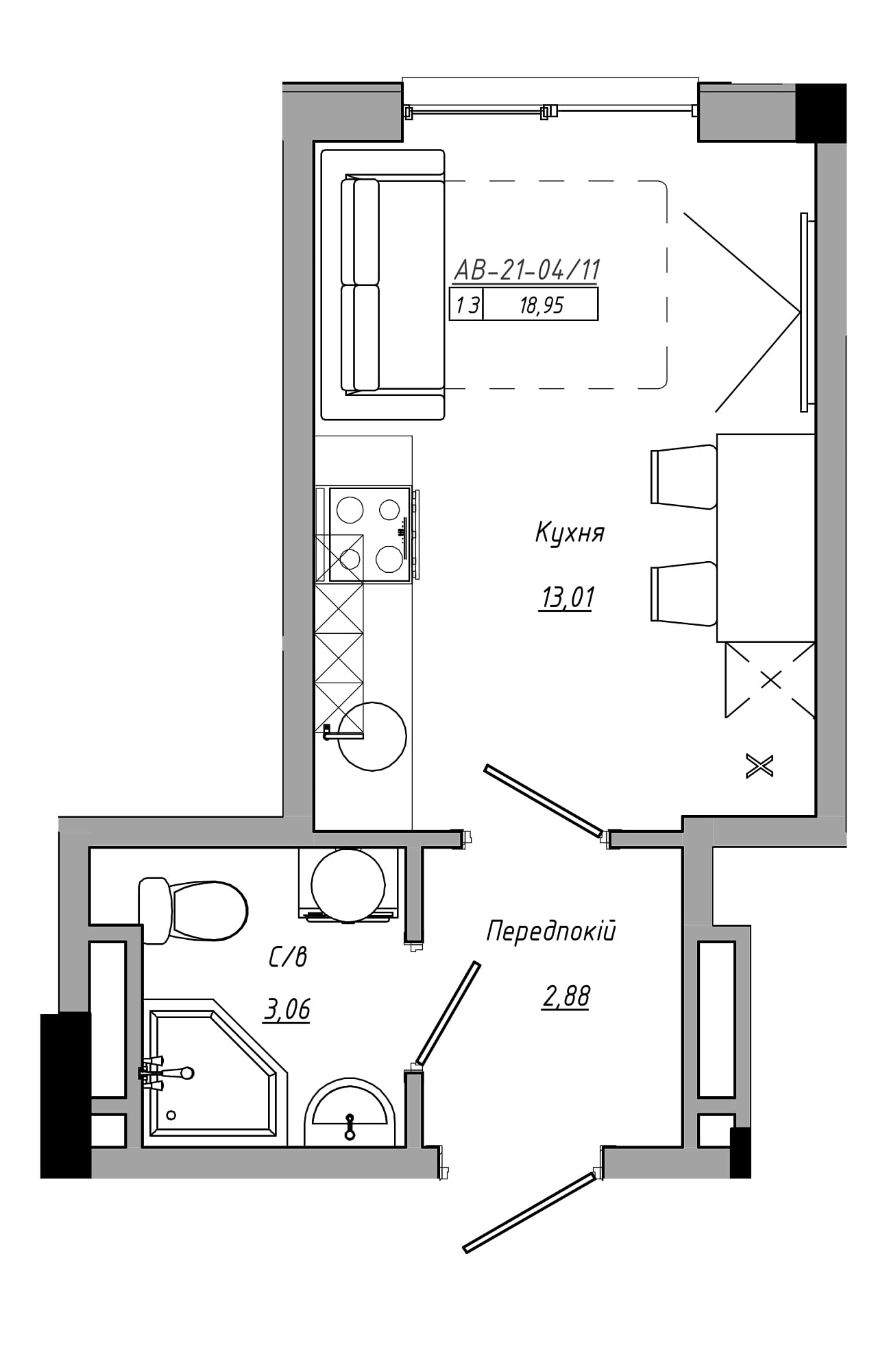 Планування Smart-квартира площею 18.95м2, AB-21-04/00011.