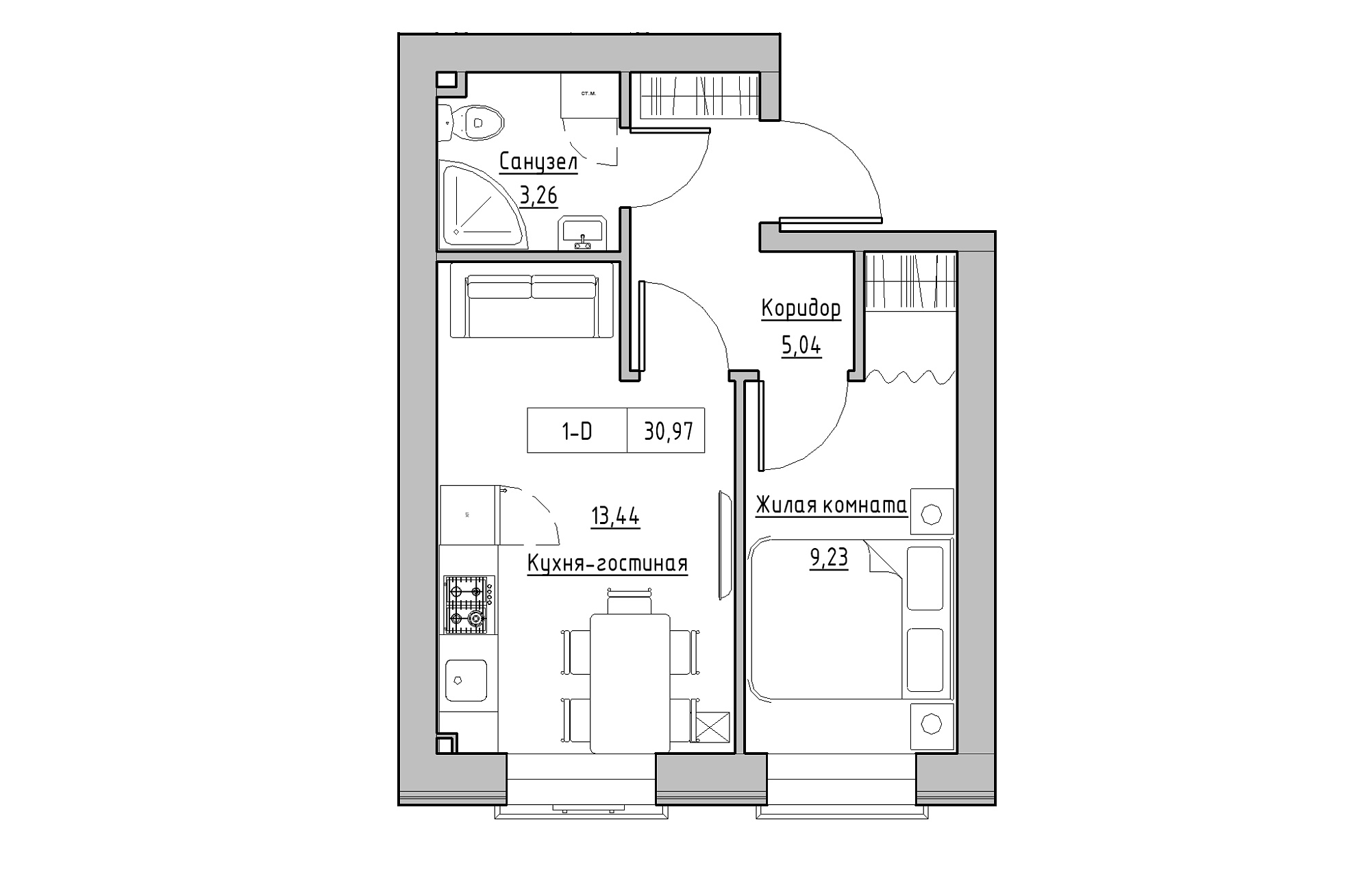 Планировка 1-к квартира площей 30.97м2, KS-018-01/0003.