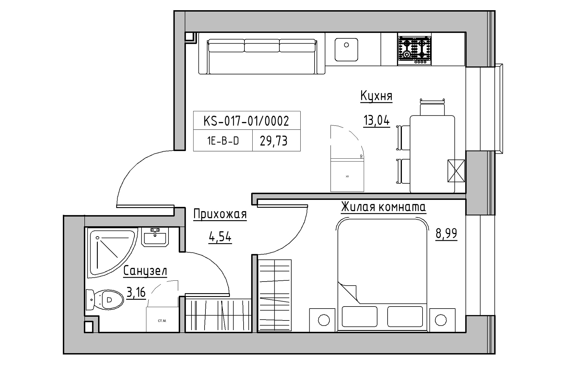 Planning 1-rm flats area 29.73m2, KS-017-01/0002.