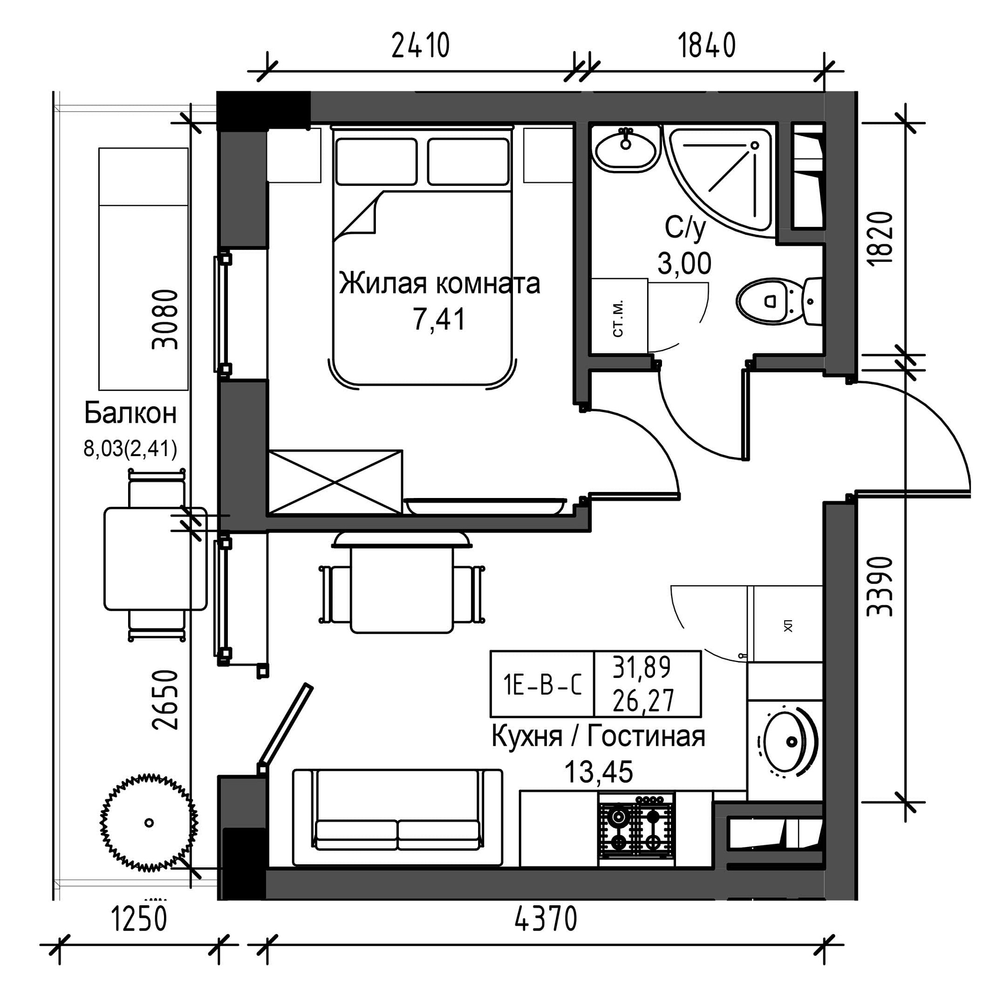 Планировка 1-к квартира площей 26.27м2, UM-001-07/0015.