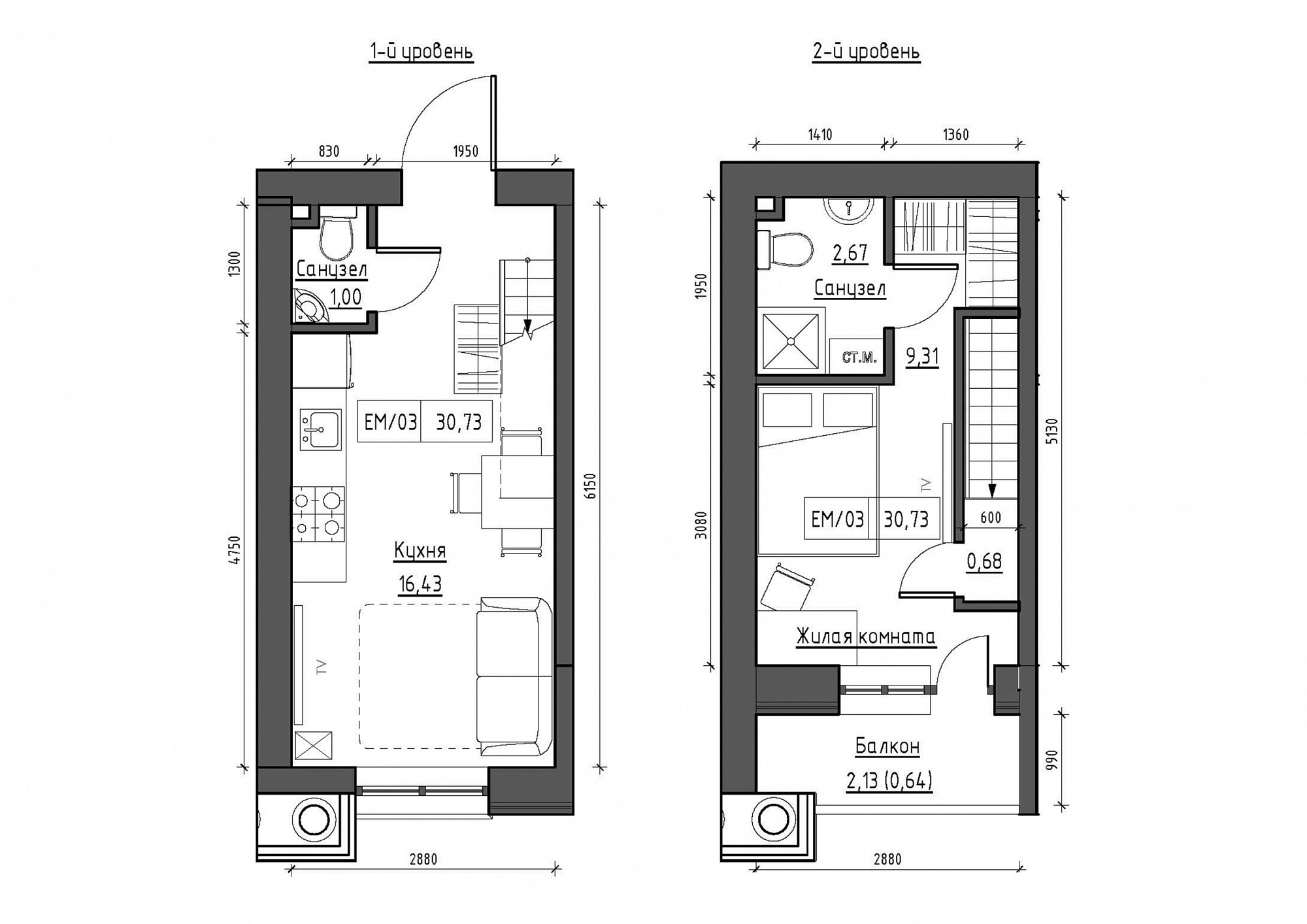 Planning 2-lvl flats area 30.73m2, KS-011-05/0010.