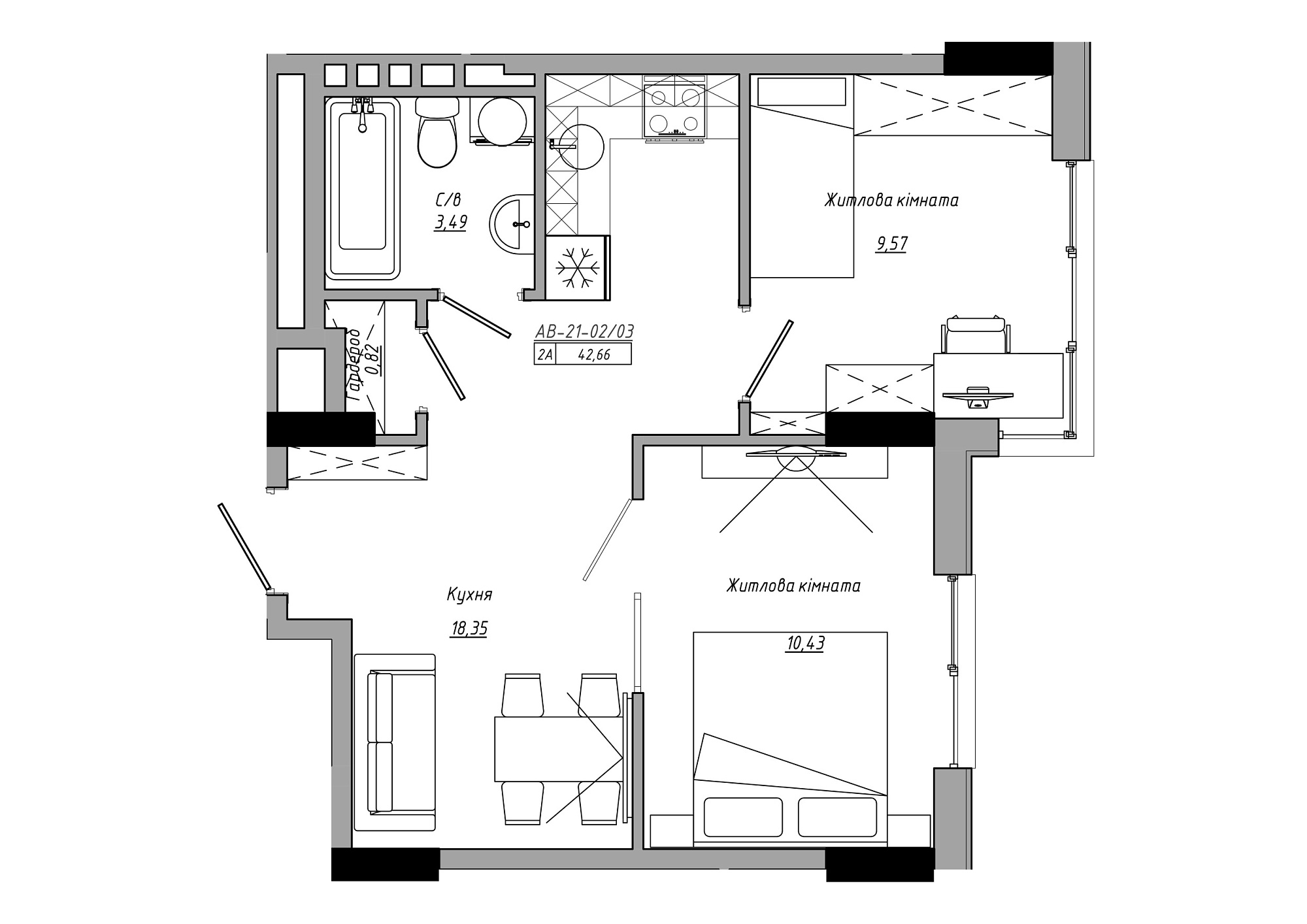 Планування 2-к квартира площею 42.66м2, AB-21-02/00003.
